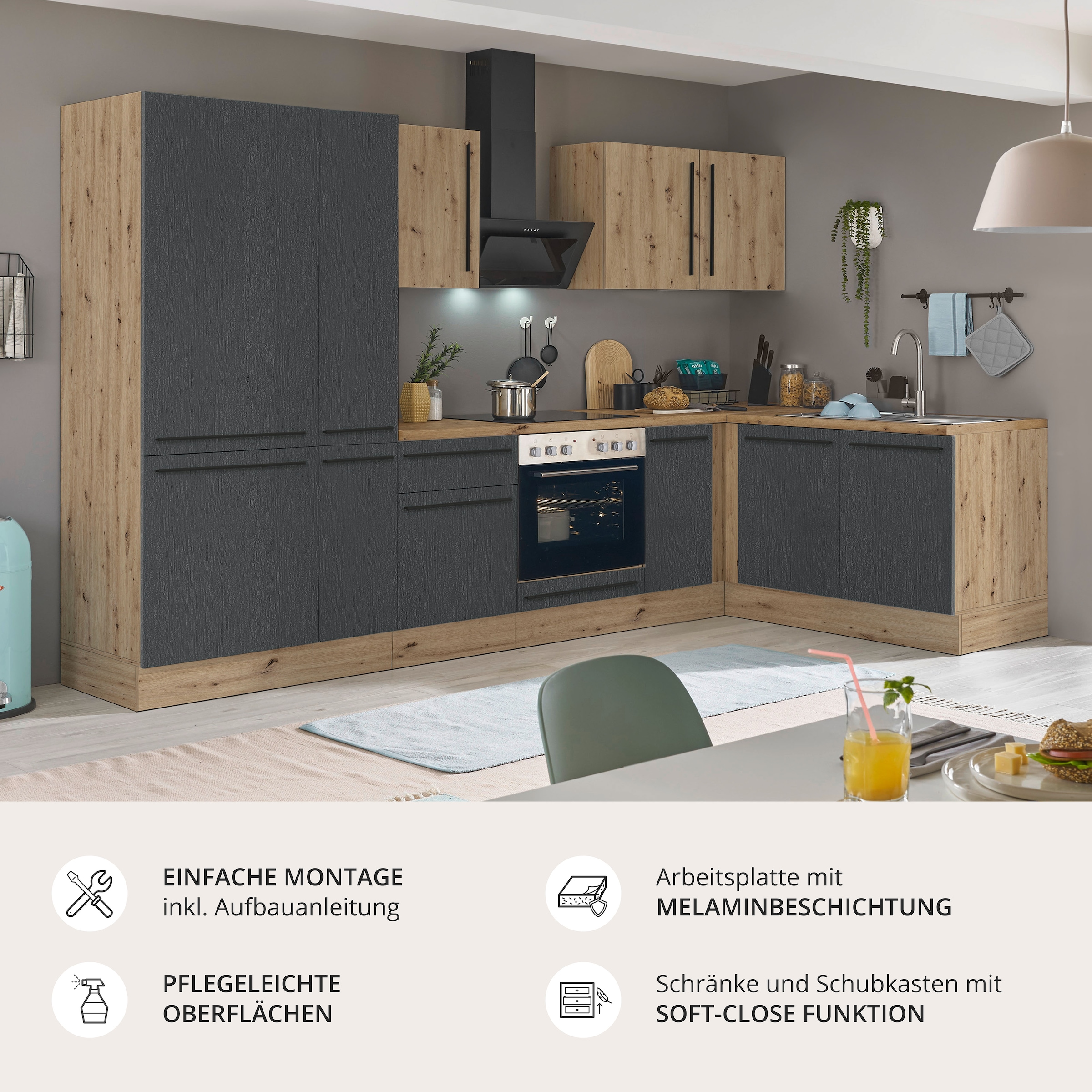 KOCHSTATION Winkelküche »Florida, Stellbreite 300x165 cm« wahlweise mit E-Geräten, mit Softclose für Türen und Schubkästen
