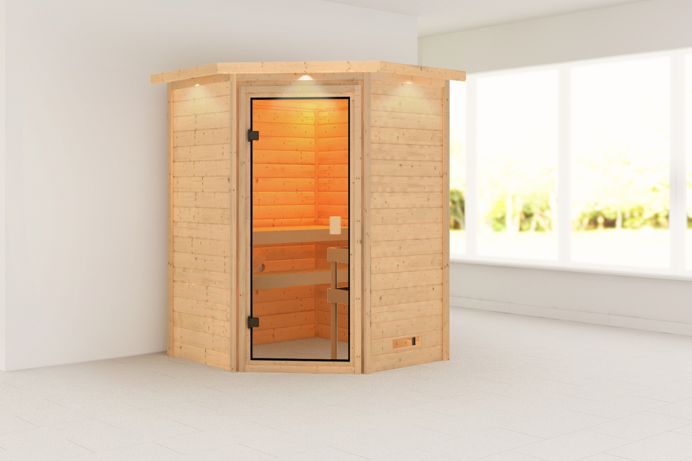 Karibu Sauna »"Anni" mit bronzierter Tür und Kranz, naturbelassen« aus hochwertiger nordischer Fichte