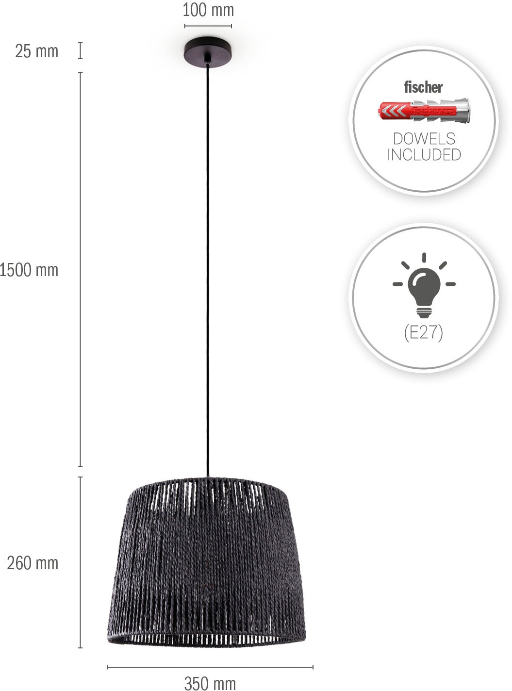 Paco Home Pendelleuchte »Hugo Amadeo«, Leuchtmittel E27 | ohne Leuchtmittel, Wohnzimmer Esszimmer Rattan Optik Boho Lampenschirm Papier