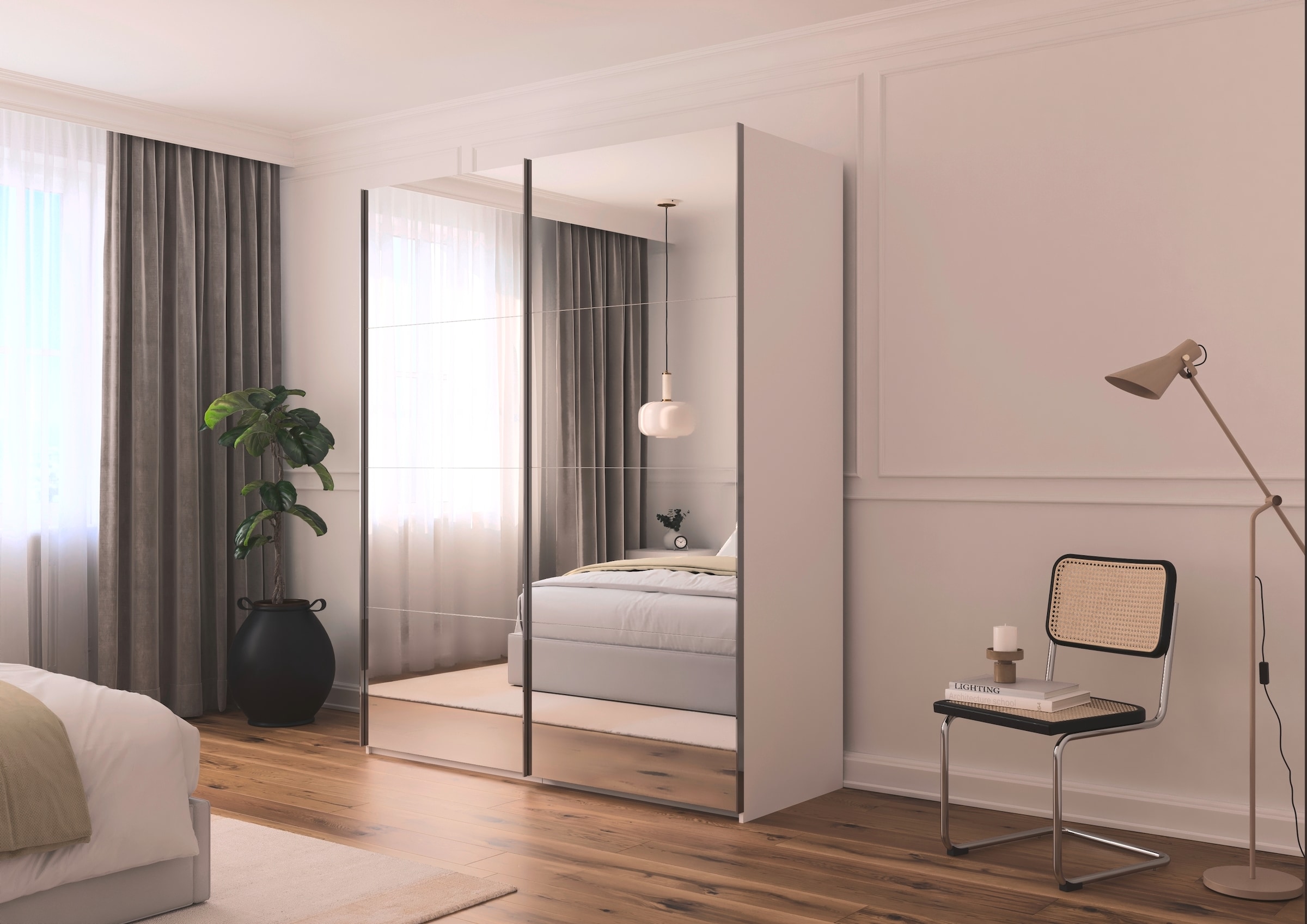rauch Schwebetürenschrank »Kleiderschrank Schrank Garderobe Schlafzimmerschrank SCALE-FYRA«, edle viergeteilte Türen, Spiegelfront und viele Farben MADE IN GERMANY
