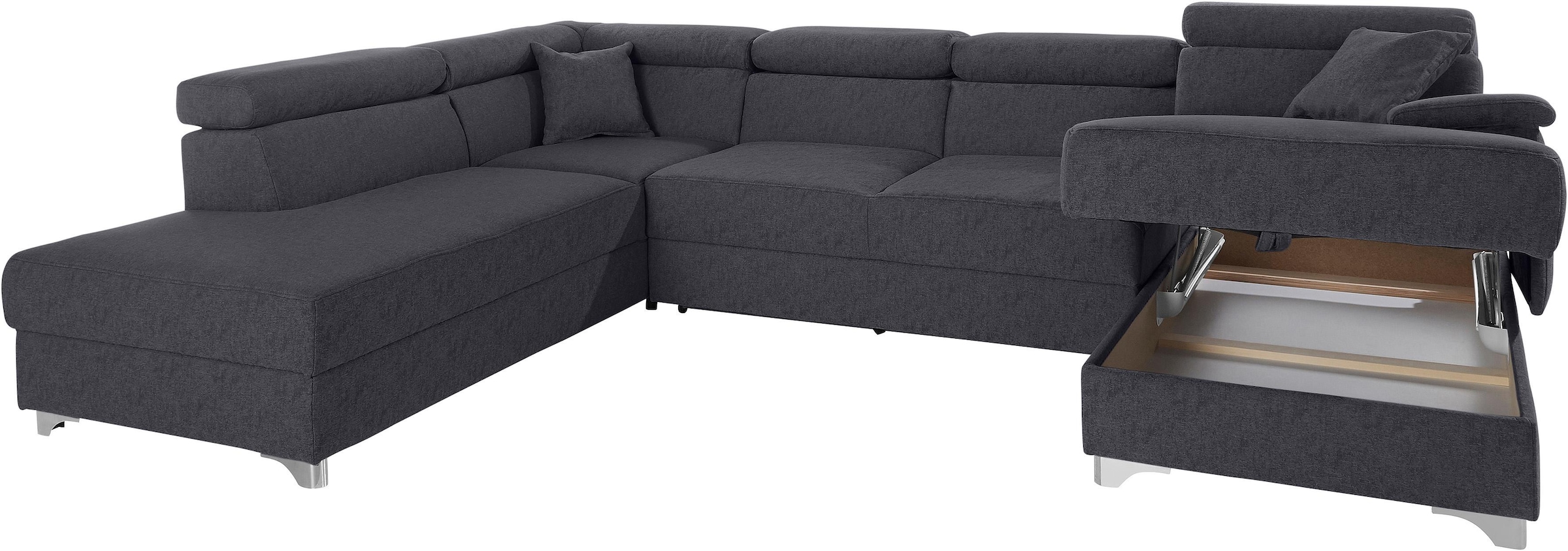 DOMO collection Wohnlandschaft »Mira, inklusive Kopfteilverstellung für mehr Wohlfühlkomfort, U-Form«, wahlweise mit Bettfunktion und Bettkasten, elegant und modern