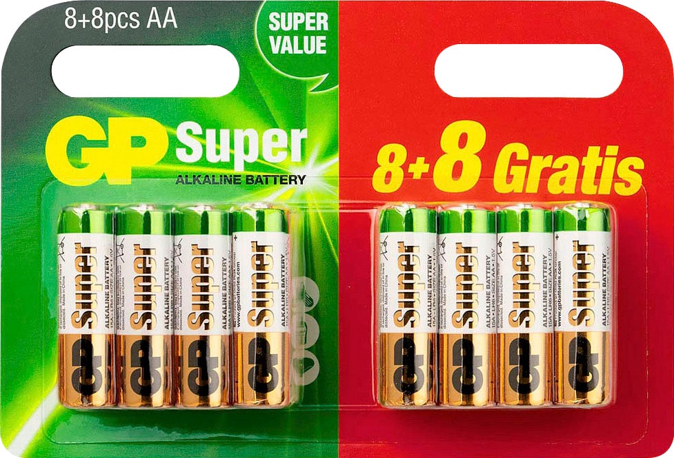 GP Batteries Batterie »16 Stück (8+8) AA Mignon Super Alkaline, 1,5V«, 1,5 V, (Spar-Set, 16 St.)