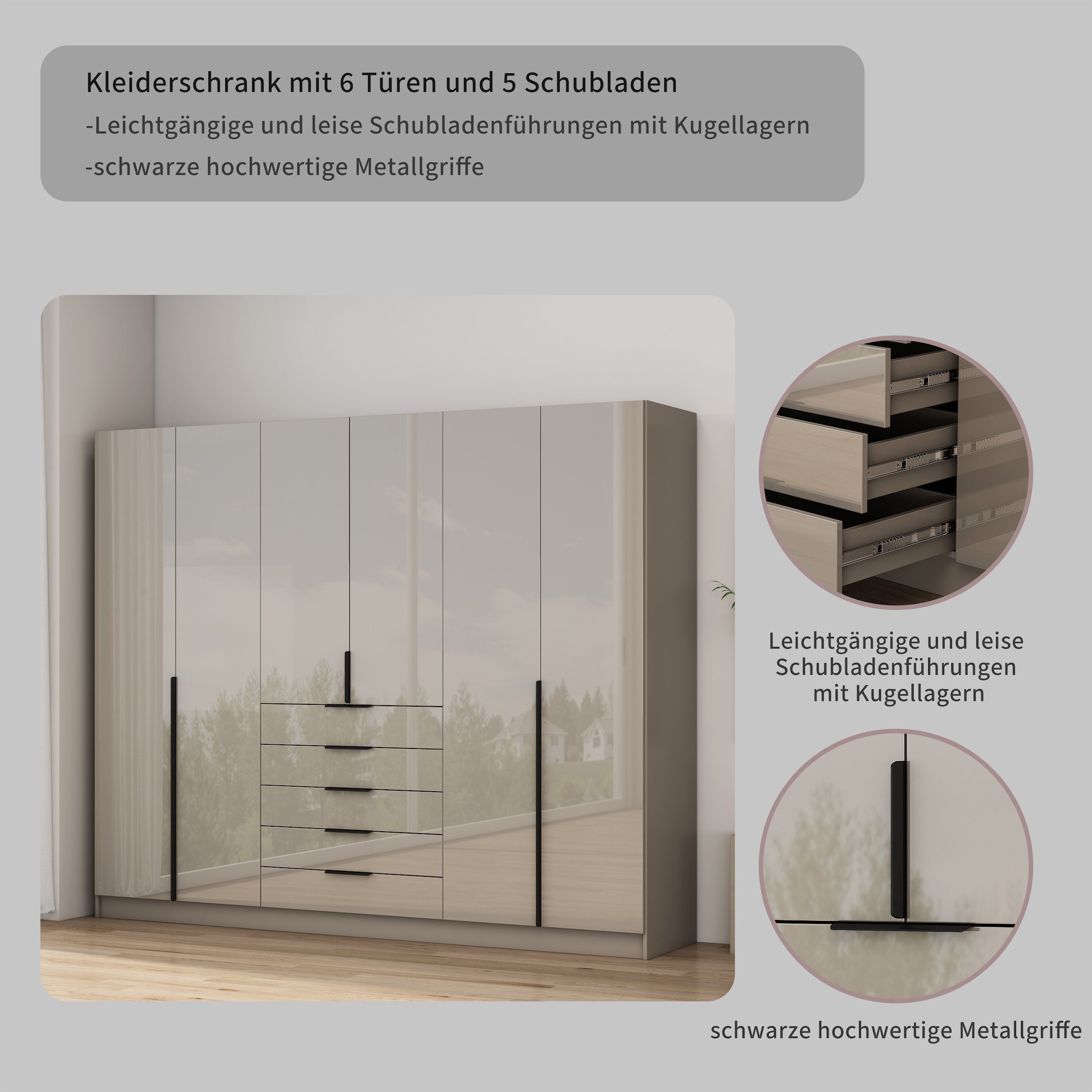 OTTO home Kleiderschrank »Annor Schlafzimmerschrank Breite 242cm hochglanz Schrank Garderobe« Drehtürenschrank mit perfekter Innenausstattung - elegante Türgriffe