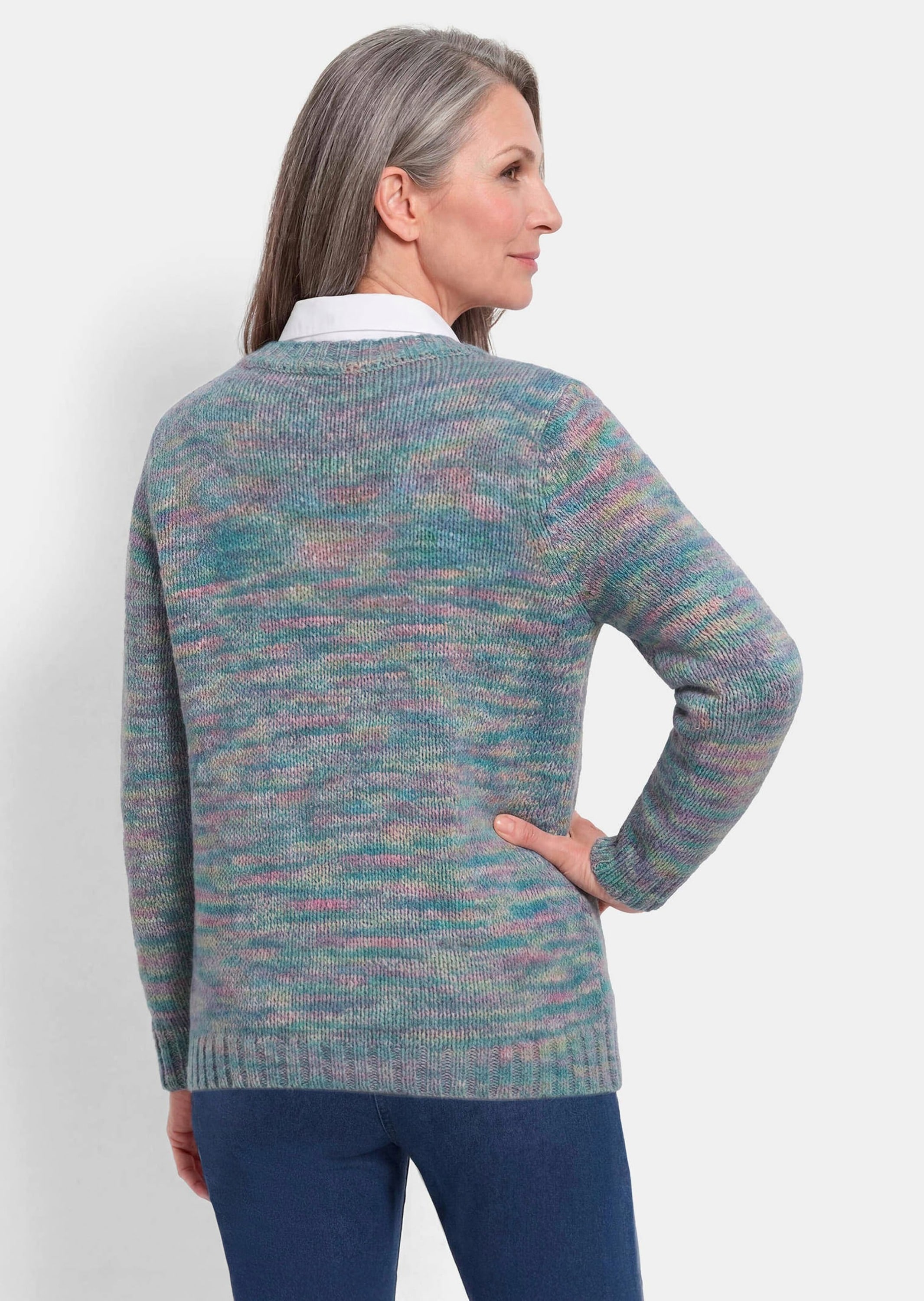 GOLDNER Rundhalspullover »Kurzgröße Melangepullover mit U-Boot-Ausschnitt« mit Multicolorgarn gestrickt