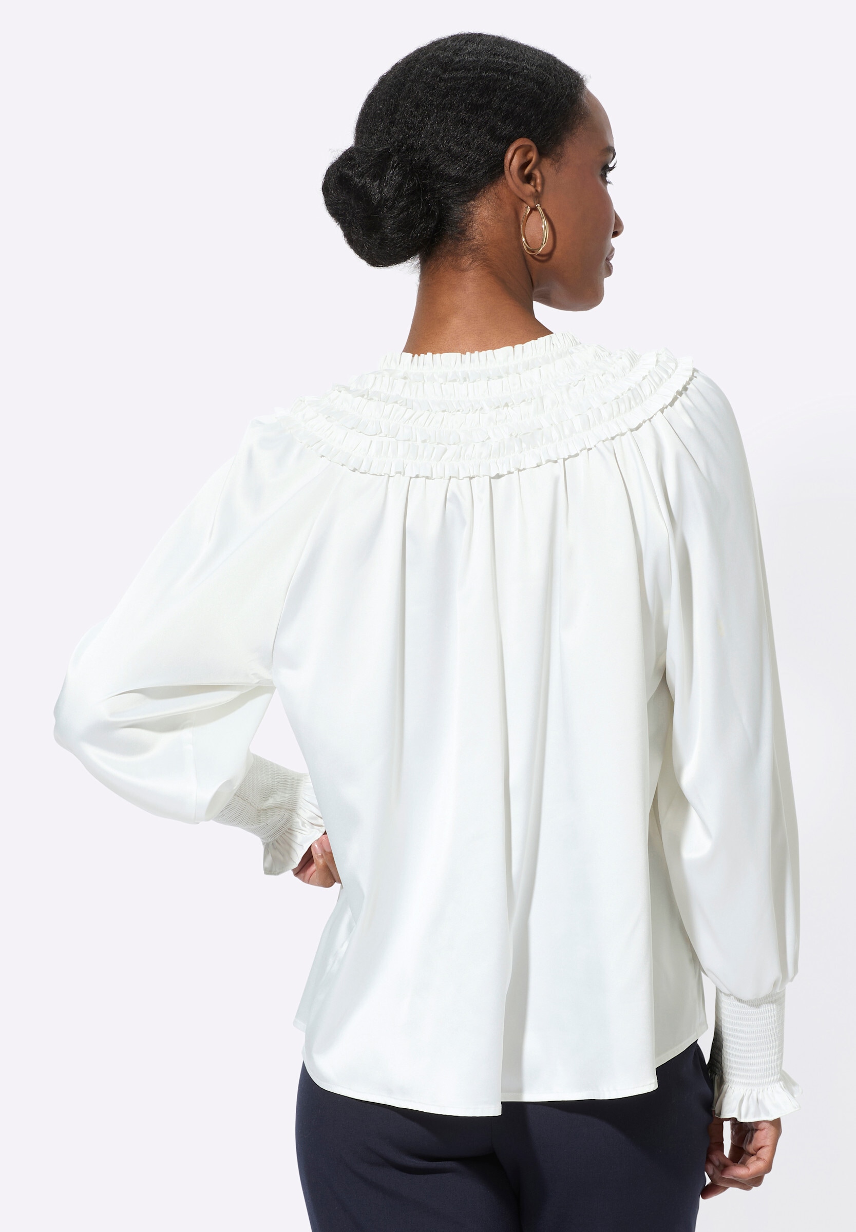 creation L Klassische Bluse »Satin-Bluse Satinbluse mit aufgenähten Rüschen-Bändern«