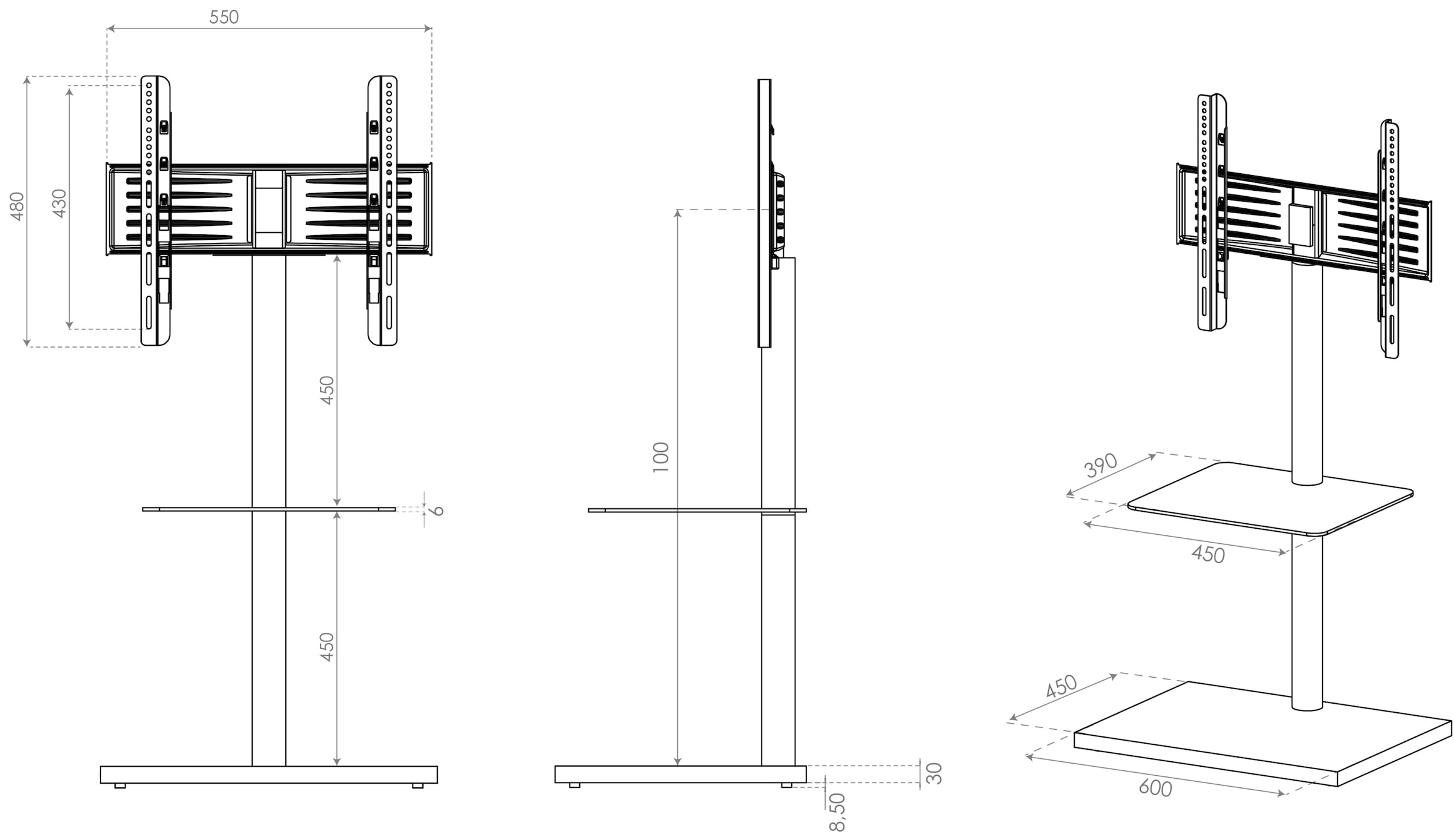 VCM TV-Rack »VCM TV Standfuß mit Zwischenboden |Ständer Fernseh Rack | Maße ca. H. 100 x B. 60 x T. 45 cm - Nalano«, (VCM Nalano)