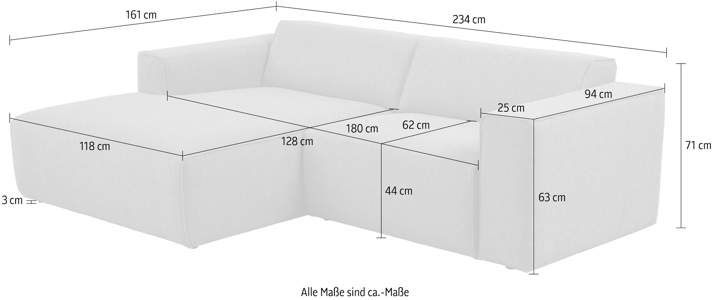 andas Ecksofa »Noord mit Kedernaht, Breite 234 cm«, mit Kedernaht, Breite 234 cm, Cord, Struktur, Webstoff