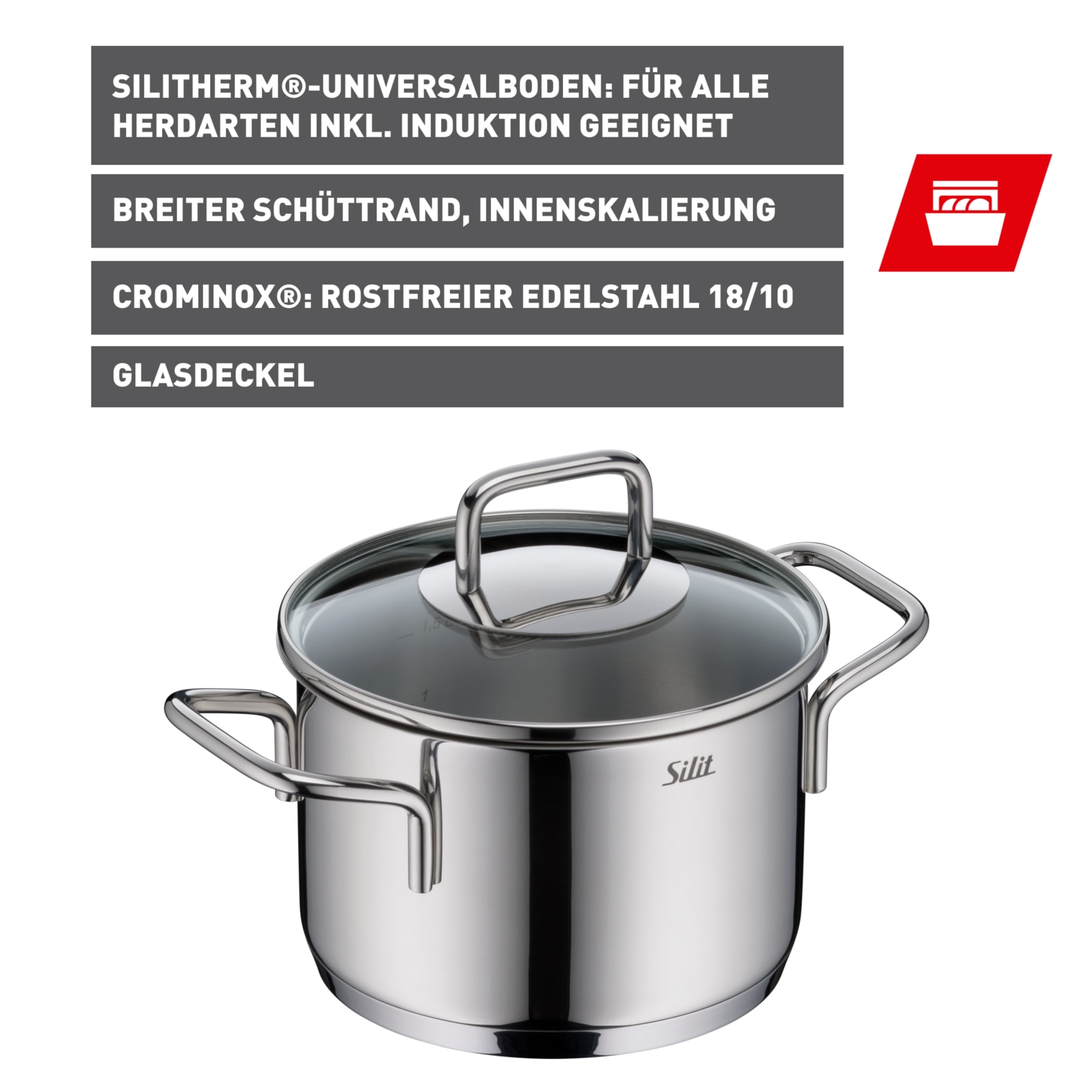 Silit Kochtopf »Extra Cook, mit Glasdeckel«, Edelstahl 18/10, (2 tlg.), SiliTherm Universalboden, induktionsgeeignet, spülmaschinengeeignet