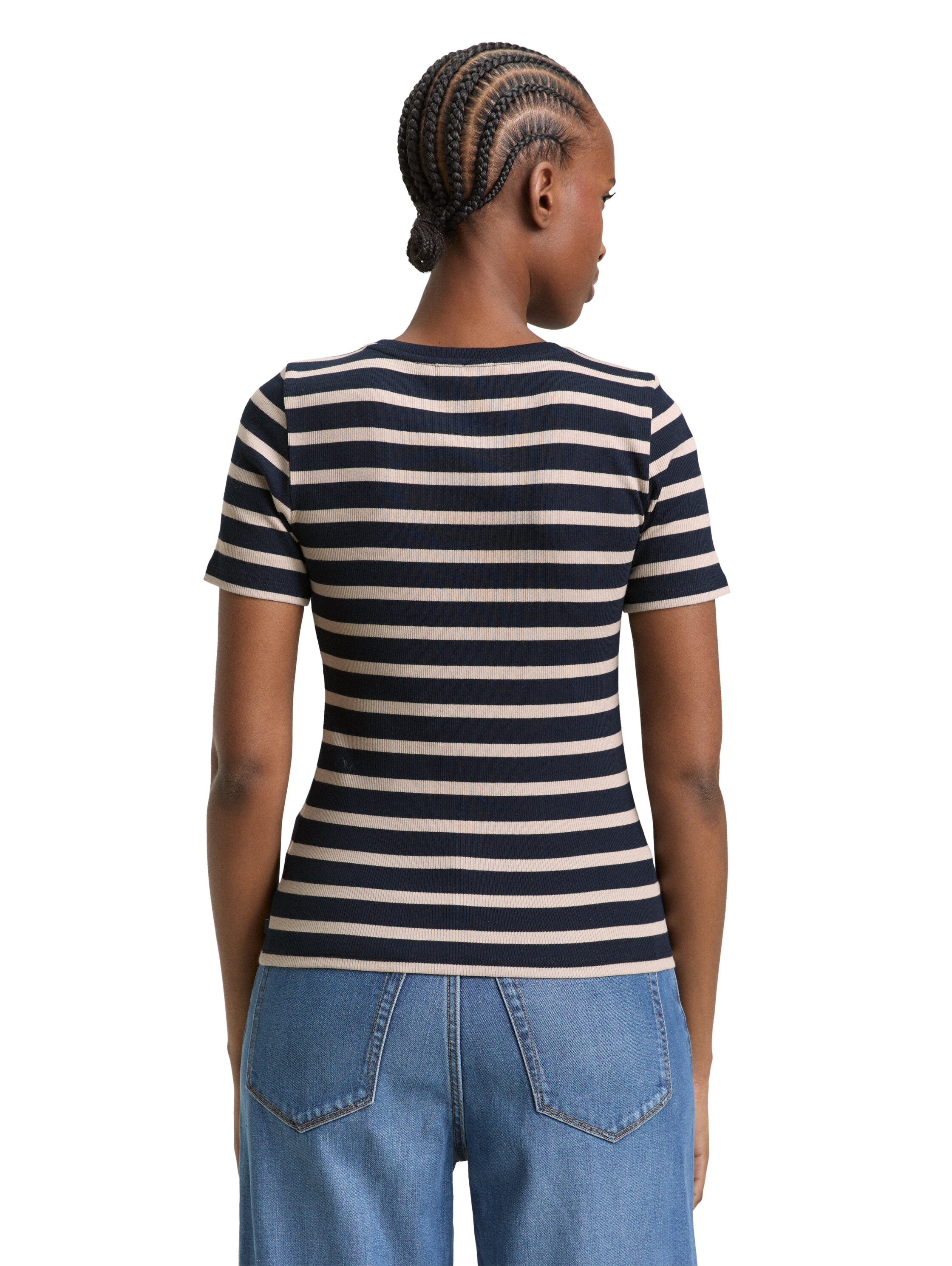 TOM TAILOR Denim Rundhalsshirt gestreift, Fein-Ripp-Optik