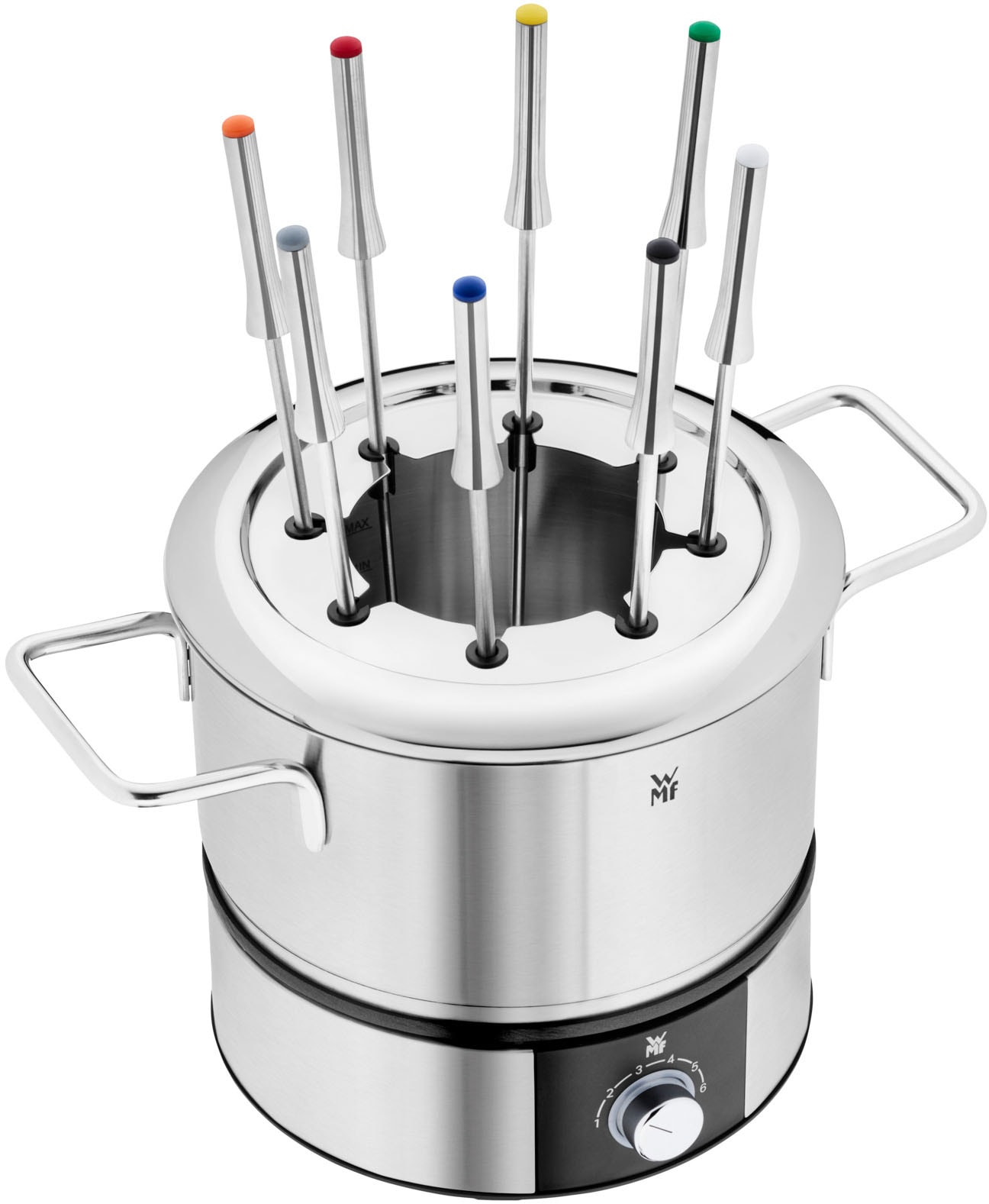 WMF Elektro-Fondue »LONO, mit Spritzschutzring, farblich markierte Fondue-Gabeln«, spülmaschinengeeignete Teile, LED-Ring, auch zum Warmhalten verwendbar