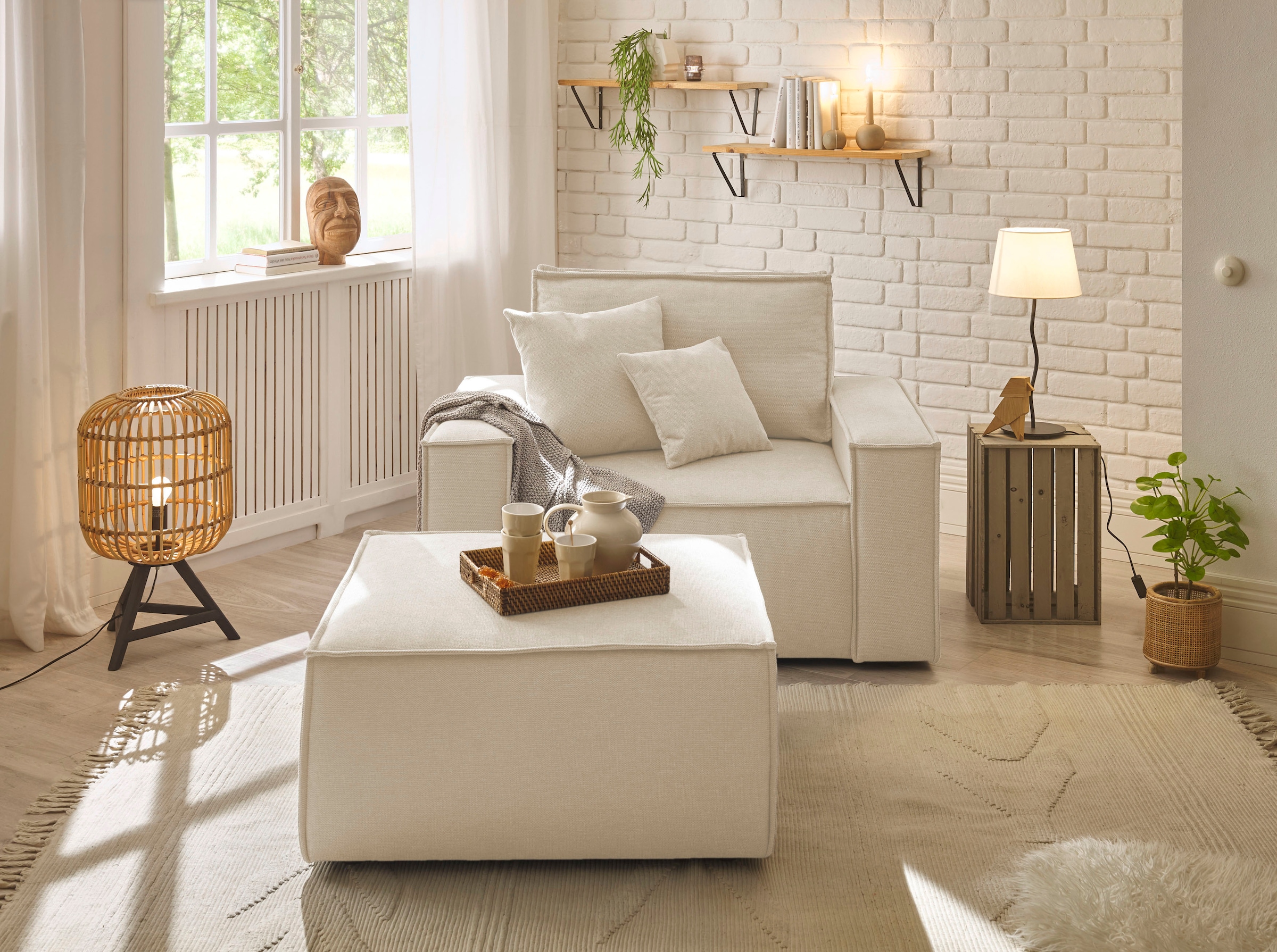 OTTO home Loveseat »FINNLEY Struktur fein, Loveseat & Hocker im Set, inkl. Zierkissen« 2 Stk. tlg. verfügbar in den Stoffqualitäten Bouclé, Struktur fein und Mega Cord