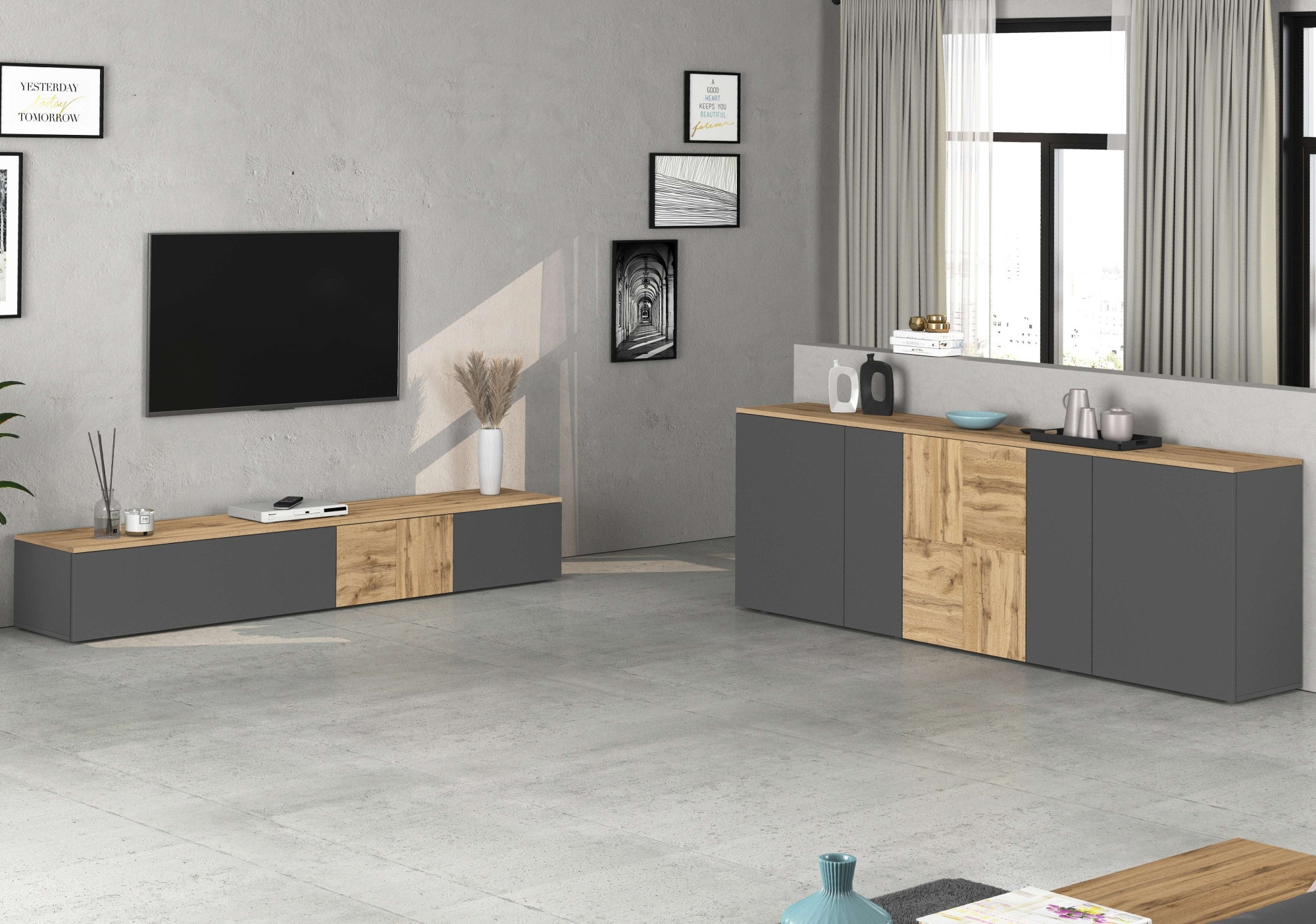 OTTO home Sideboard »ISEO, Kommode, Schrank, Sideboard, Lowboard, 6 Fächer, Breite 200 cm« 1 Stk. tlg. stehend/hängend, 5 Türen, 6 Fächer, Breite 200 cm