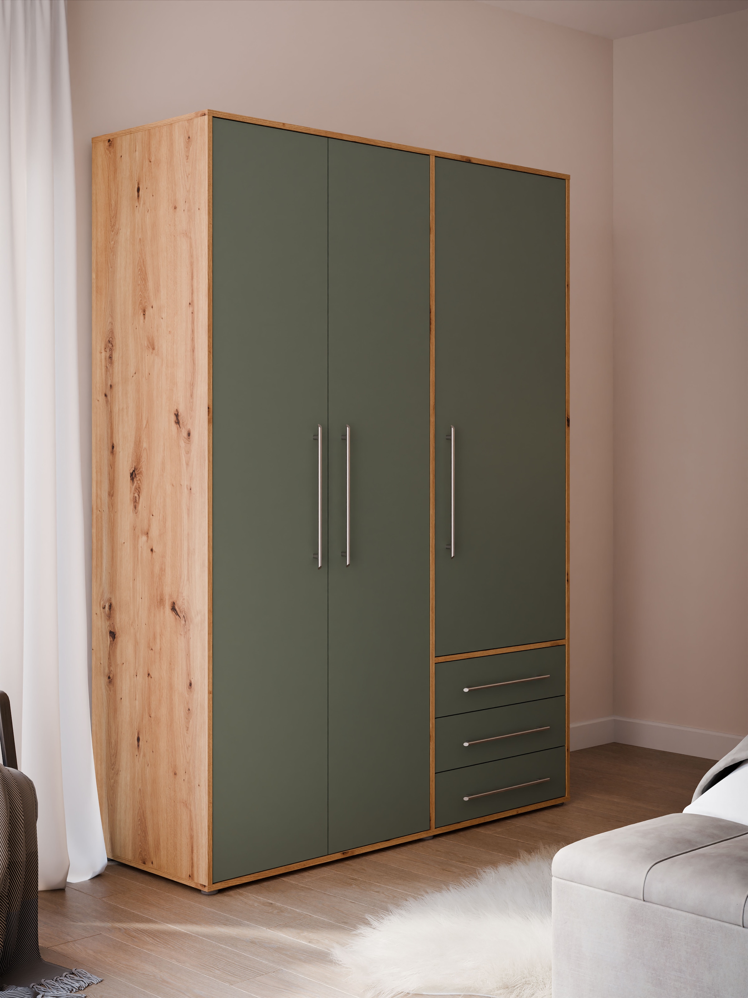 FORTE Drehtürenschrank »Kleiderschrank,zeitloses Design,3 türig« viel Stauraum, Schubladen, Stangengriffe, Made in Europe