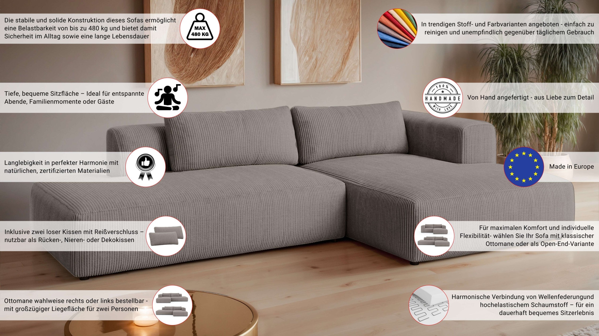 OTTO home Ecksofa »TIARRA Design-Sofa mit Ottomane recht/links bestellbar, Breite 287 cm« L-Form mit hochelastischer Schaum und Wellenunterfederung