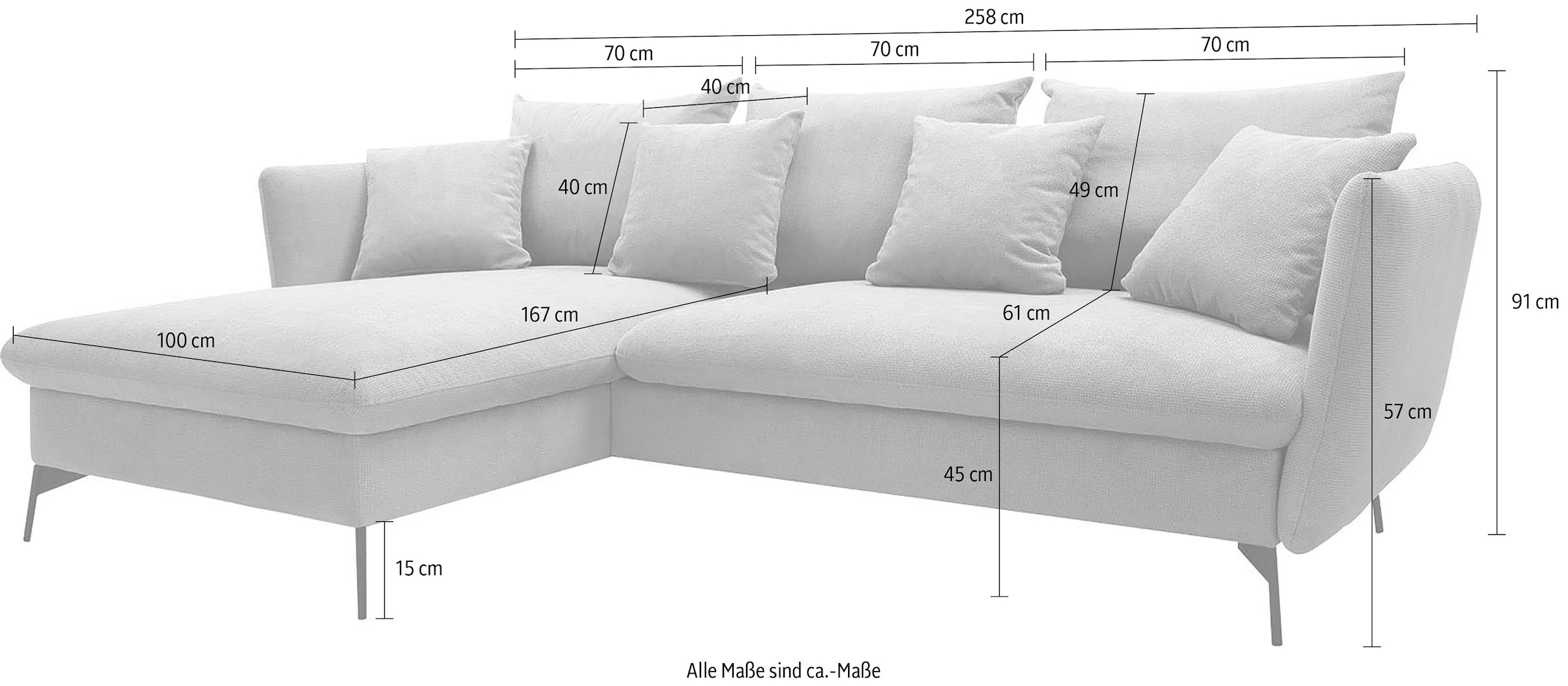 andas Ecksofa »LIVORNO,258 cm, L-Form,«, Schlaffunktion u. Bettkasten (139/224cm), Samt, Struktur, Webstoff