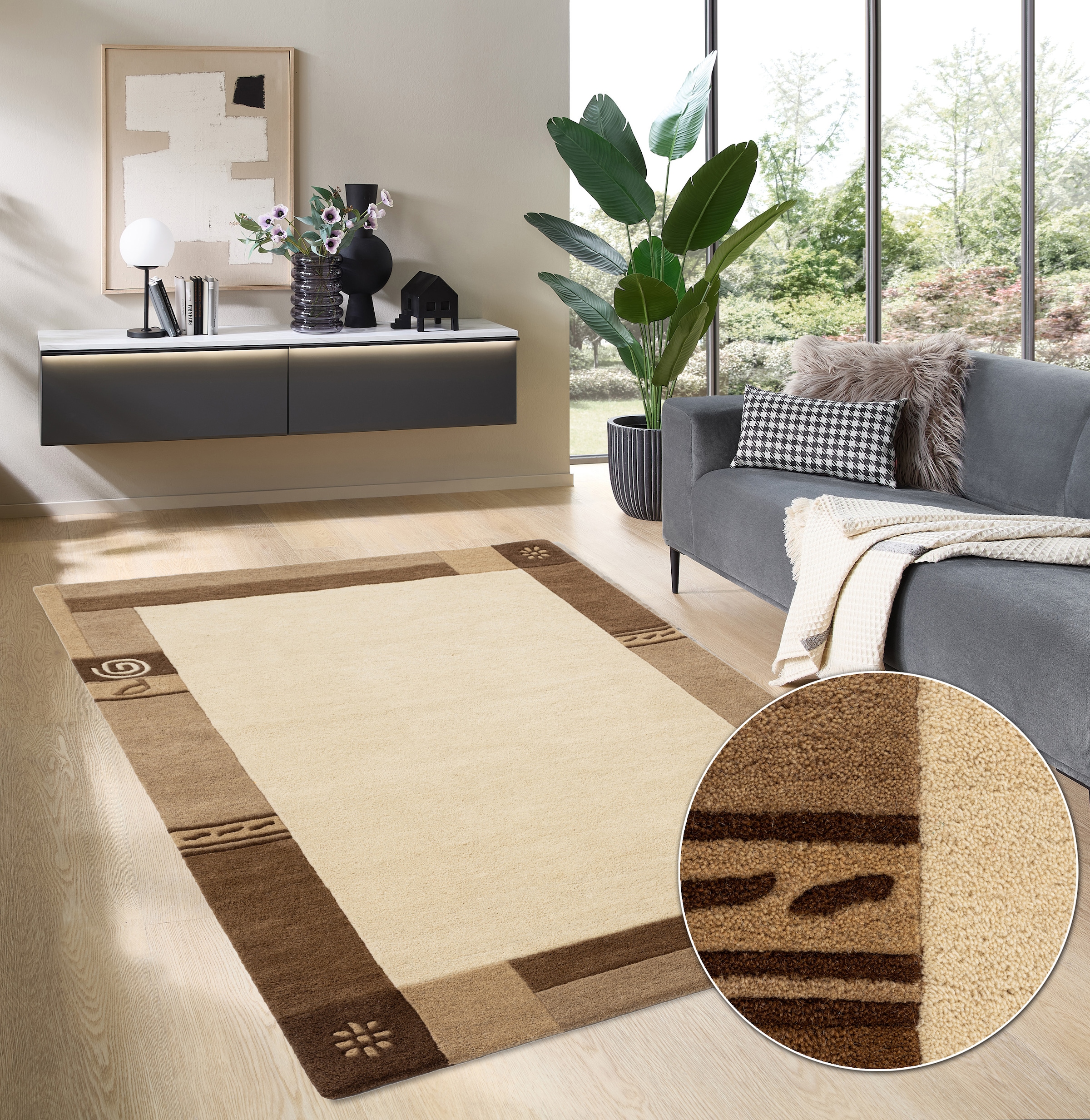THEKO Wollteppich »Tromso, Wolle, handgearbeitet, Bordüre mit Hoch-Tief-Effekt«, rechteckig, 15 mm Höhe, Wohnzimmer, Schlafzimmer, Esszimmer