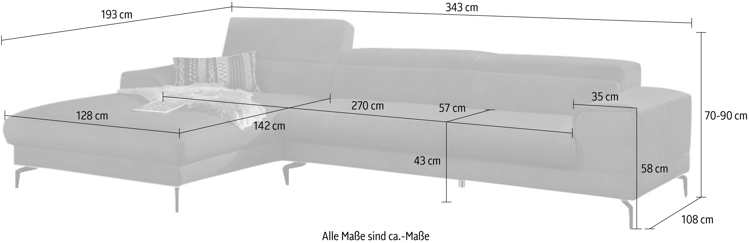 W.SCHILLIG Ecksofa »piedroo, Designsofa mit tollem Sitzkomfort, elegant und bequem, L-Form«, Kopfteilverstellung, wahlweise mit Sitztiefenverstellung, Breite 343cm