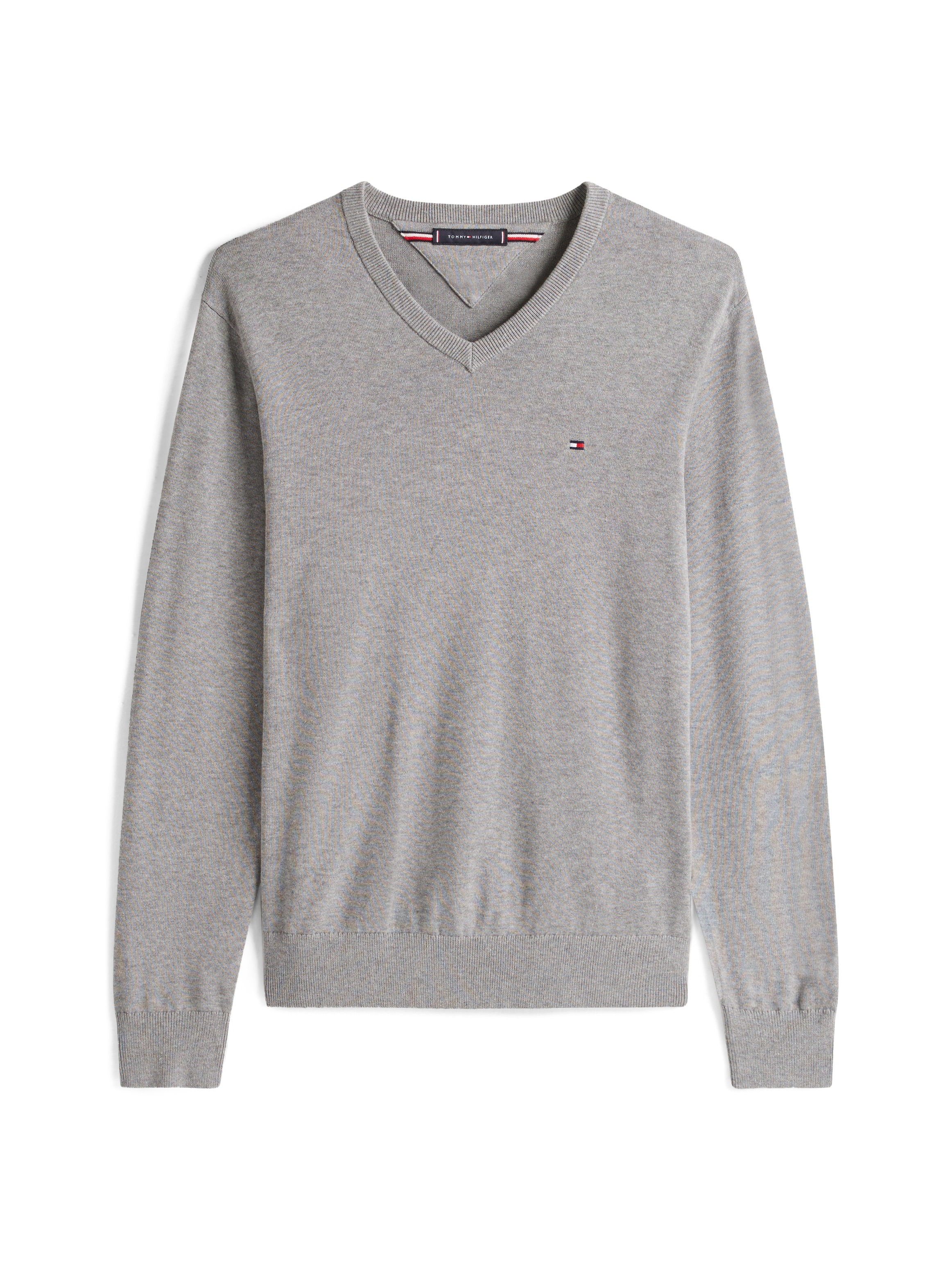 Tommy Hilfiger Strickpullover »ESSENTIAL COTTON V NECK mit V-Ausschnitt und Stickerei«, unifarben, casual, regular fit, Baumwolle, V-Ausschnitt