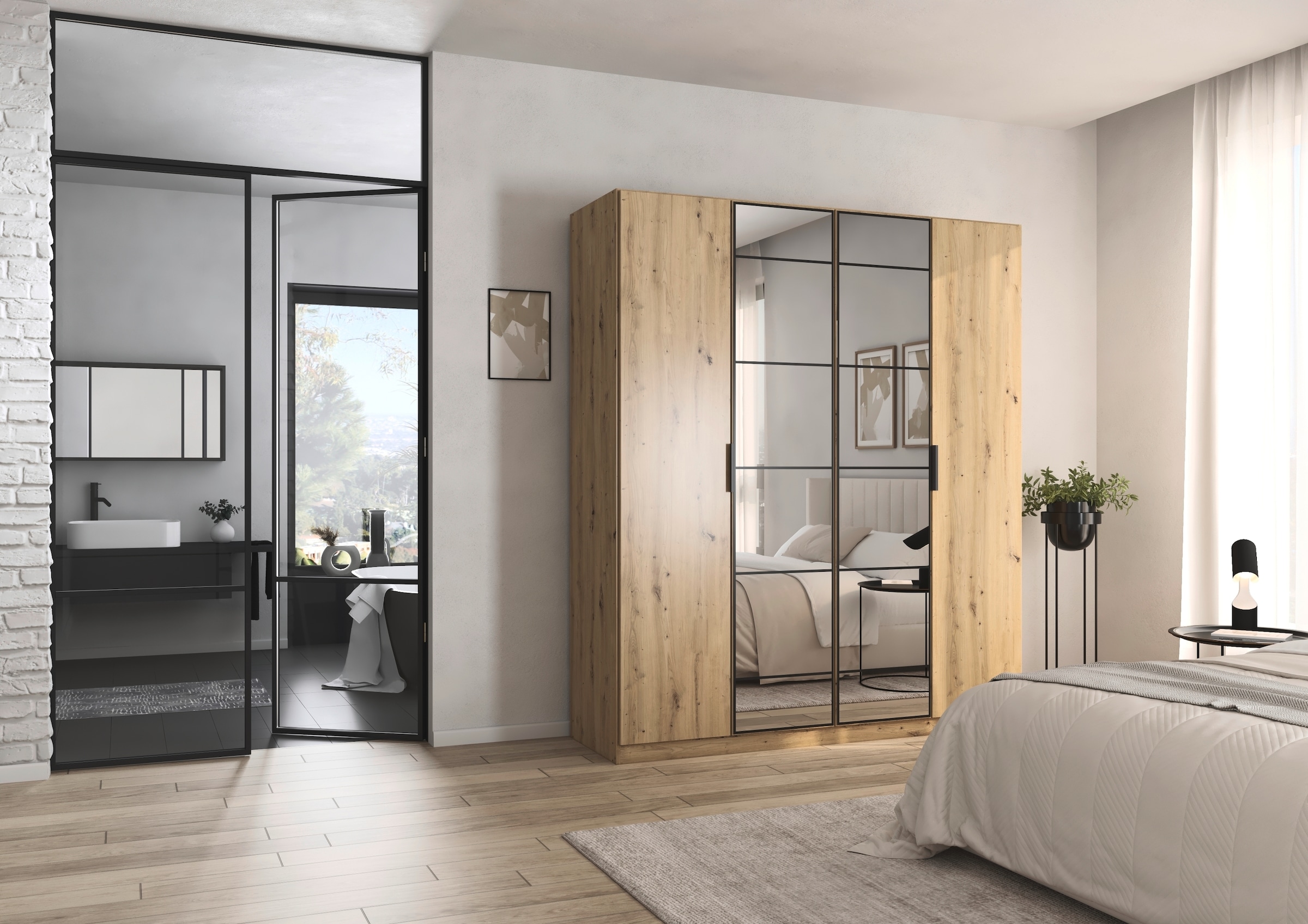 rauch Drehtürenschrank »Kleiderschrank Schrank Garderobe Schlafzimmerschrank ACERO«, (Breiten 181/226/271 cm, Höhe 210 cm), Mitteltüren mit Spiegel in moderner Loft-Optik MADE IN GERMANY