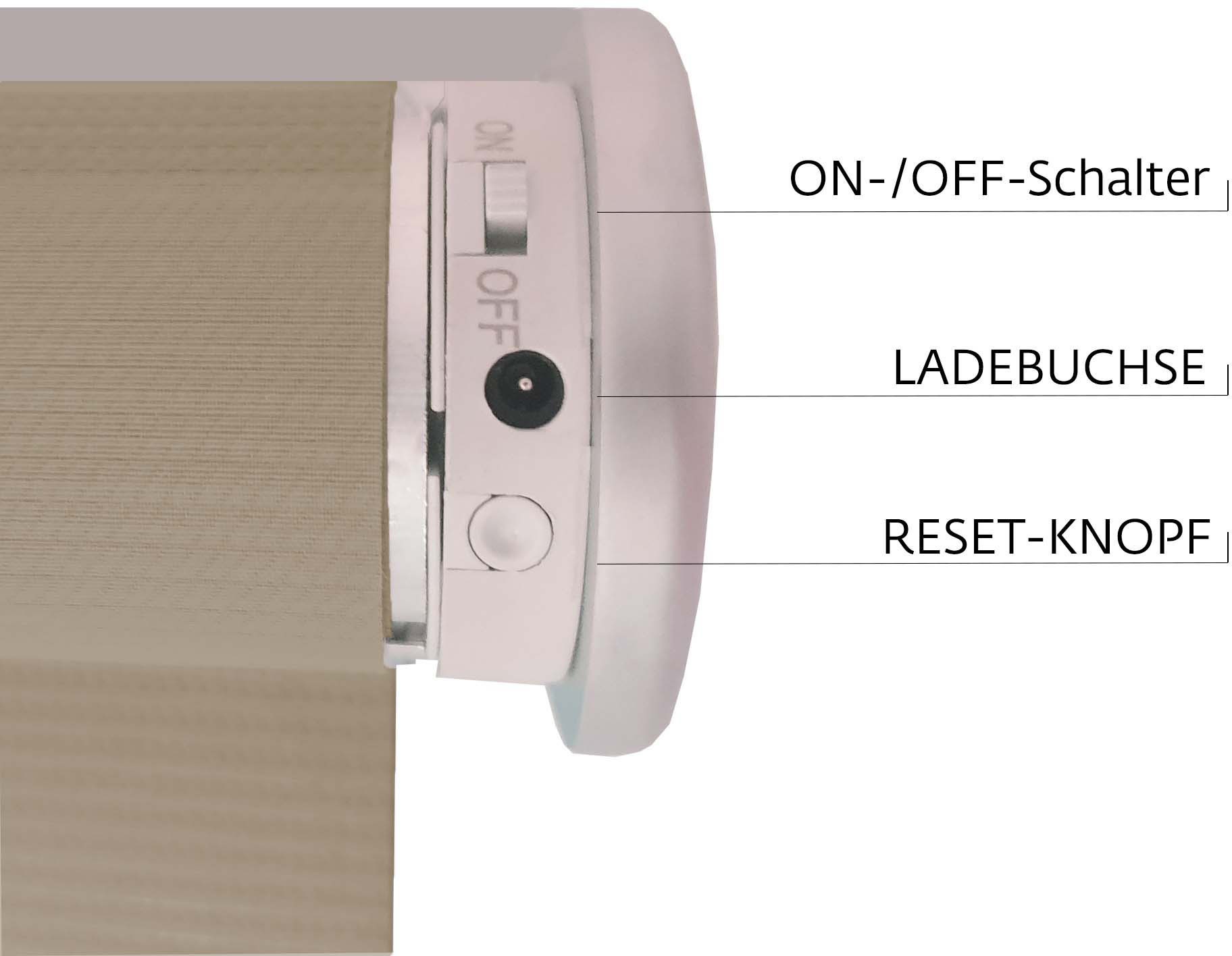sunlines Elektrisches Rollo »Akkurollo Upcycling appgesteuert, blickdicht, Sunlines«, blickdicht, ohne Bohren, appgesteuert via Bluetooth, nachhaltig