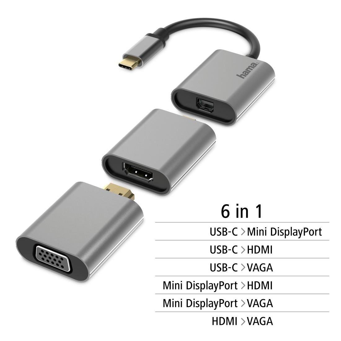Hama Computer-Adapter »USB-C Multiport Adapter Set 6 in1, USB-C, Mini DisplayPort, HDMI, VGA«, USB-C-Mini DisplayPort zu HDMI-VGA-Mini DisplayPort
