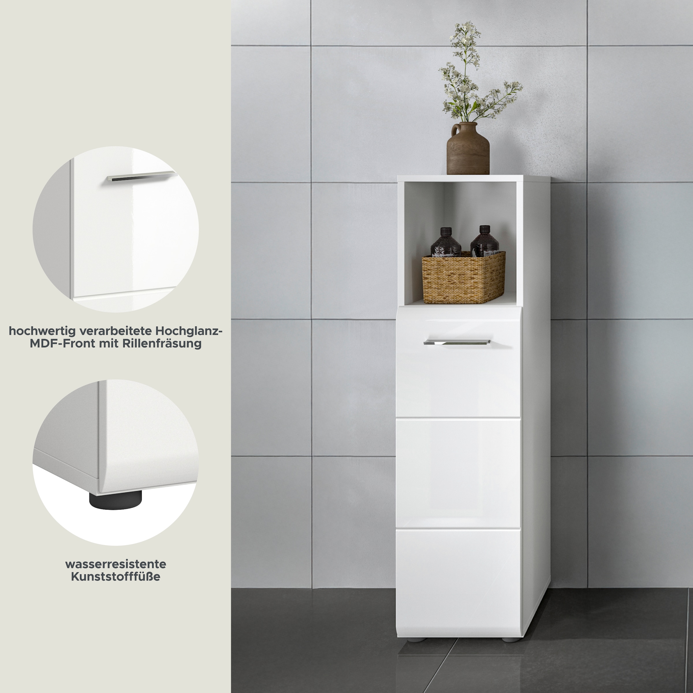 INOSIGN Midischrank »FLORENZ, TOPSELLER!, Höhe 110 cm, 1 Tür, 2 Fachböden, 1 offenes Fach«, Türanschlag wechselbar, hochwertige MDF Front, Badschrank, Bad