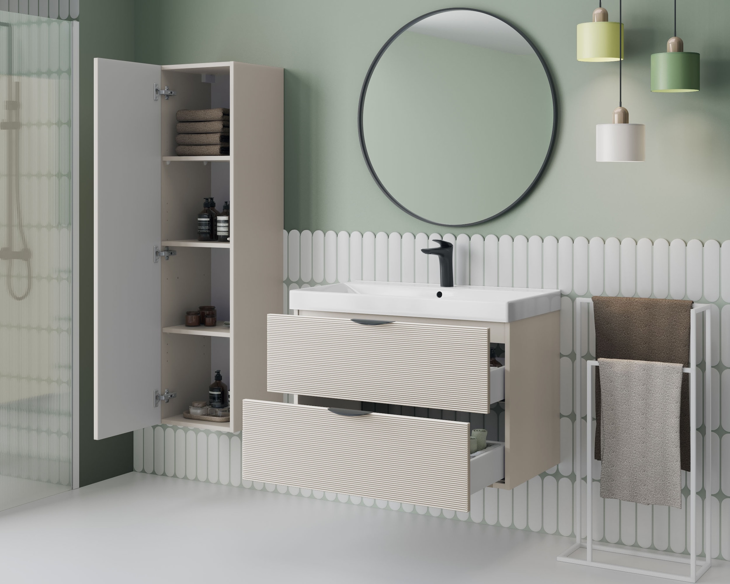 welltime Hängeschrank »FLOW STRIPE rechts/links montierbar, Breite 35 cm, modernes Design« Schrank mit 3 Einlegeböden, Push-to-open-Function