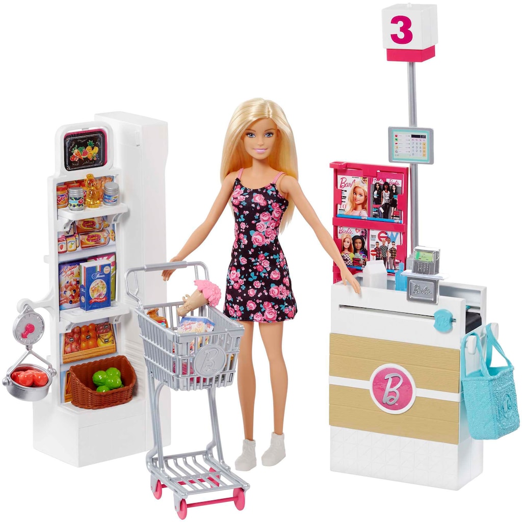 Barbie Anziehpuppe »Supermarkt und Puppe«, (Set, 20 tlg., inkl. Supermarkt)