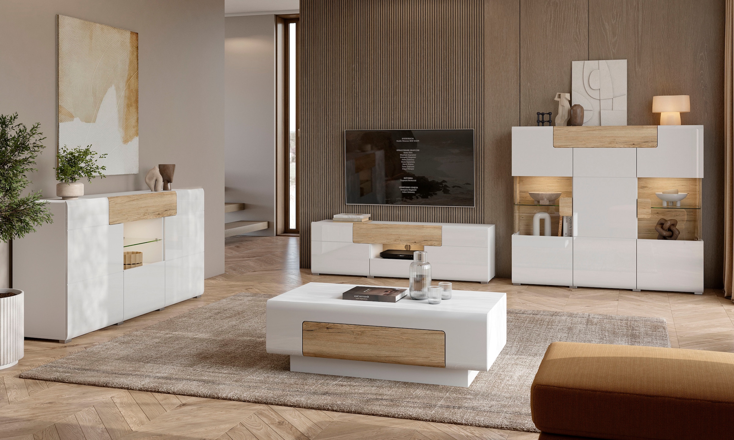 OTTO home Highboard »Toledo,Breite 147,5cm,trendige Hochkommode mit 3Türen und Schublade« Hochschrank mit Glas-Partien,stylische Hochglanzfronten