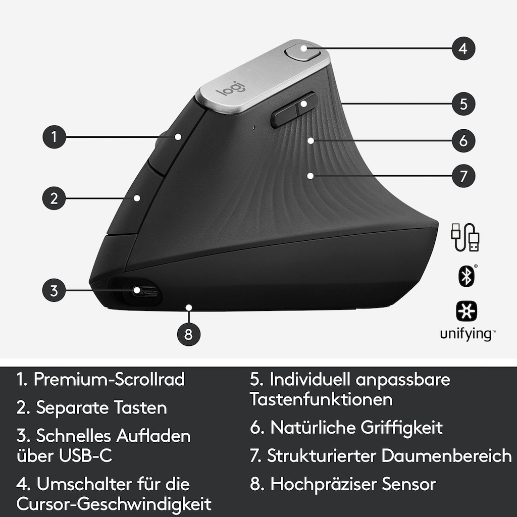 Logitech ergonomische Maus »MX Vertical«, Bluetooth