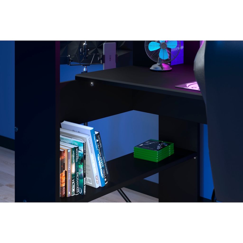 Parisot Hochbett »Gaming-Bett, mit Schreibtisch, USB Anschluss, LED, viel Stauraum«