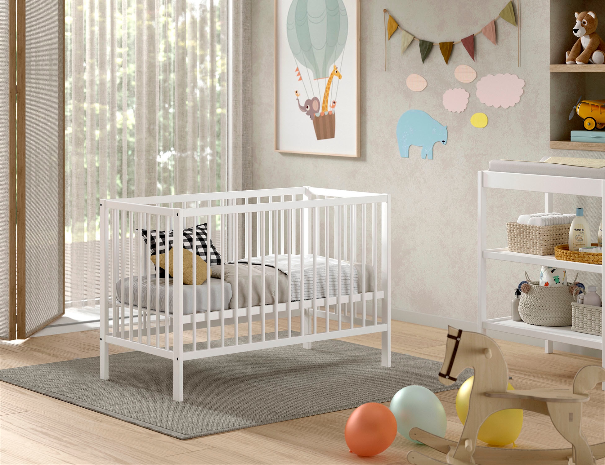 Vipack Babybett »Dino 60/120 cm mit 3-fach verstellbarem Lattenrost, stabile Bauweise«, Gitterbett aus massiver Buche, wahlweise in 3 Farben