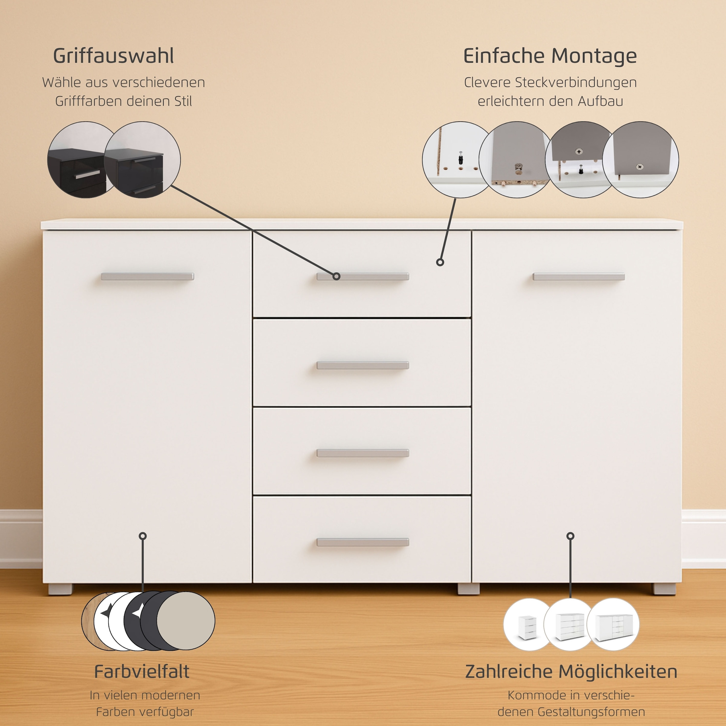 rauch Schubkastenkommode »Sideboard Kommode Kombikommode KOLUNA mit Dekorfront« Breite 120 cm mit moderner Dekorfront,  vier große Schubladen, mit insgesamt 4 Einlegeböden MADE IN GERMANY