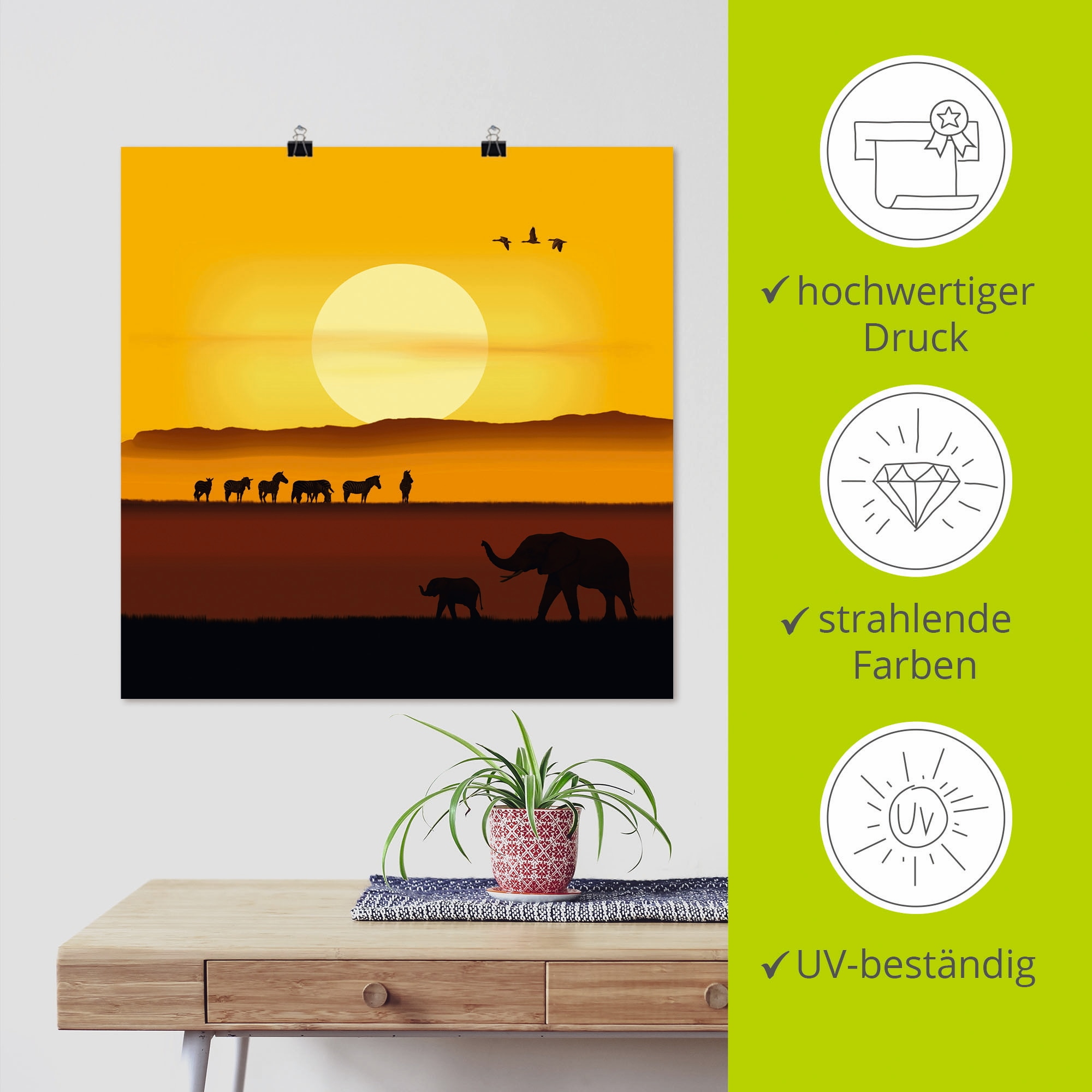 Artland Poster »Ein Morgen in der afrikanischen Savanne«, Wildtiere, (1 St.), als Alubild, Leinwandbild, Wandaufkleber oder Poster in versch. Größen