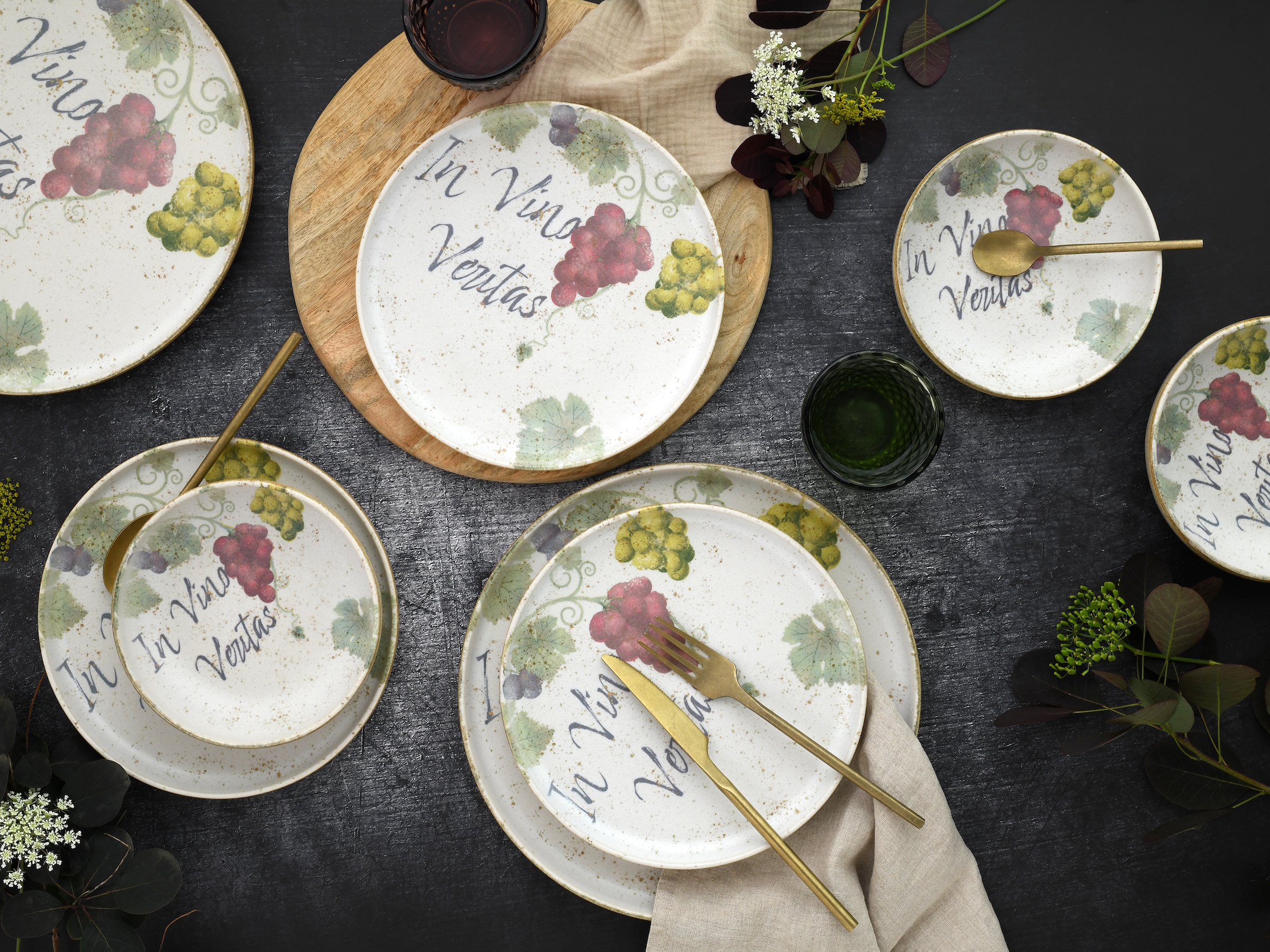 CreaTable Teller-Set »Uno In Vino Veritas, Teller Set 12-tlg« Weintraubenmotive, Vintage Style