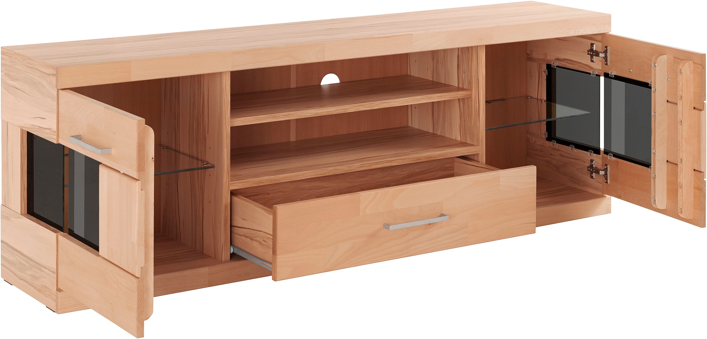 Home affaire Lowboard »Ribe,160cm breit,55cm hoch,Oberplatte massiv«, Korpus Holzwerkstoff,Glaseinsatz aus gehärtetem Glas,Böden versetzbar