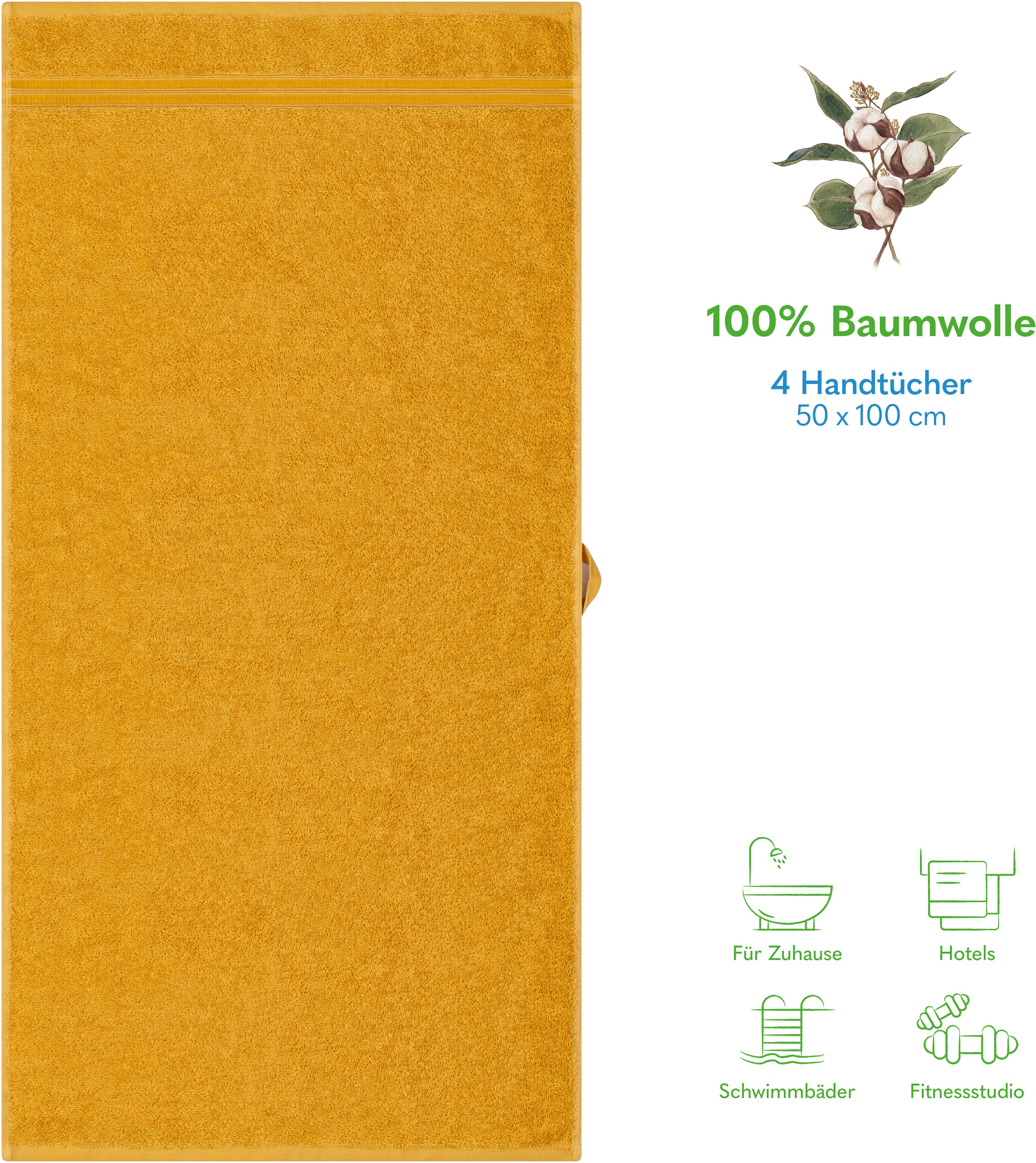HAMMETEX Handtuch Set »4er Set Handtücher 50x100 cm, 100% Baumwolle, Weich & Saugstark«, (Set, 4 St., 4), mit Bordüre, einfarbig, weich