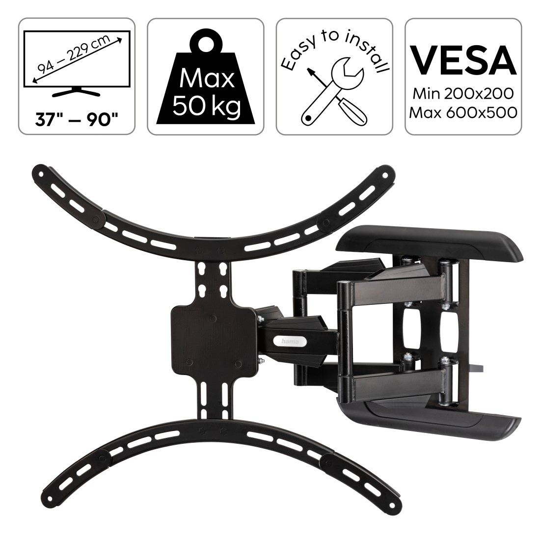 Hama TV-Wandhalterung »schwenkbar, vollbeweglich, 94 - 229cm (37" - 90"), 43",50",55",65",75"«, bis 228,6 cm Zoll