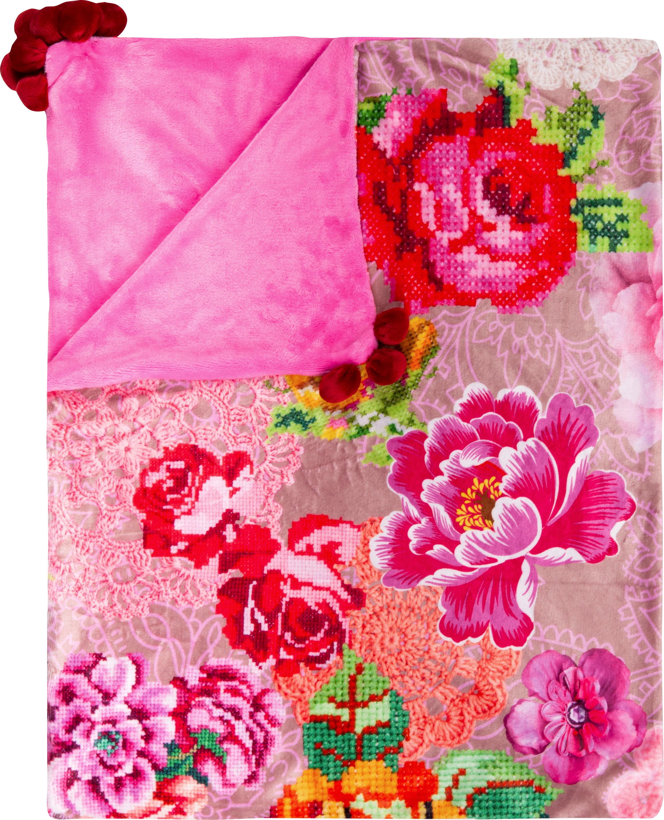 Happiness Plaid »Woodstock«, Weich, Kuscheldecke, 130x160 cm, Wendeoptik, Mit Pompoms, Blumen, Sand