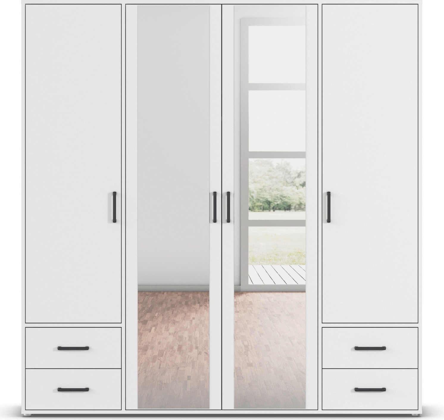 rauch Drehtürenschrank »Kleiderschrank Schrank Garderobe Wäscheschrank VOYAGER«, (in 3 verschiedenen Ausstattungen BASIC/CLASSIC/PREMIUM), mit modernen Griffen in Graumetallic, inkl. Schubkästen und Spiegel