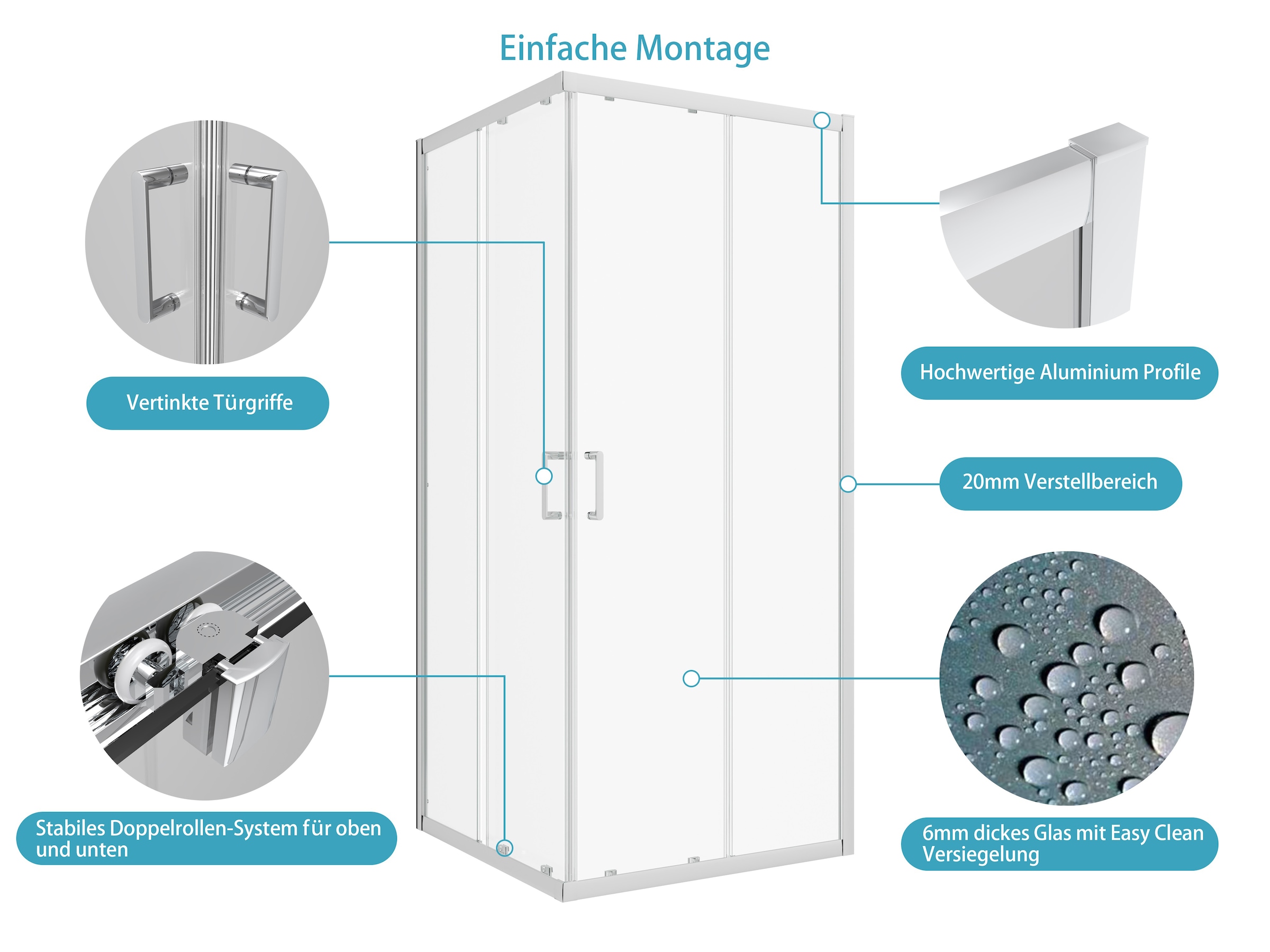 welltime Eckdusche »New Trento«, Extrahohe 195cm, verbessertes Rollensystem