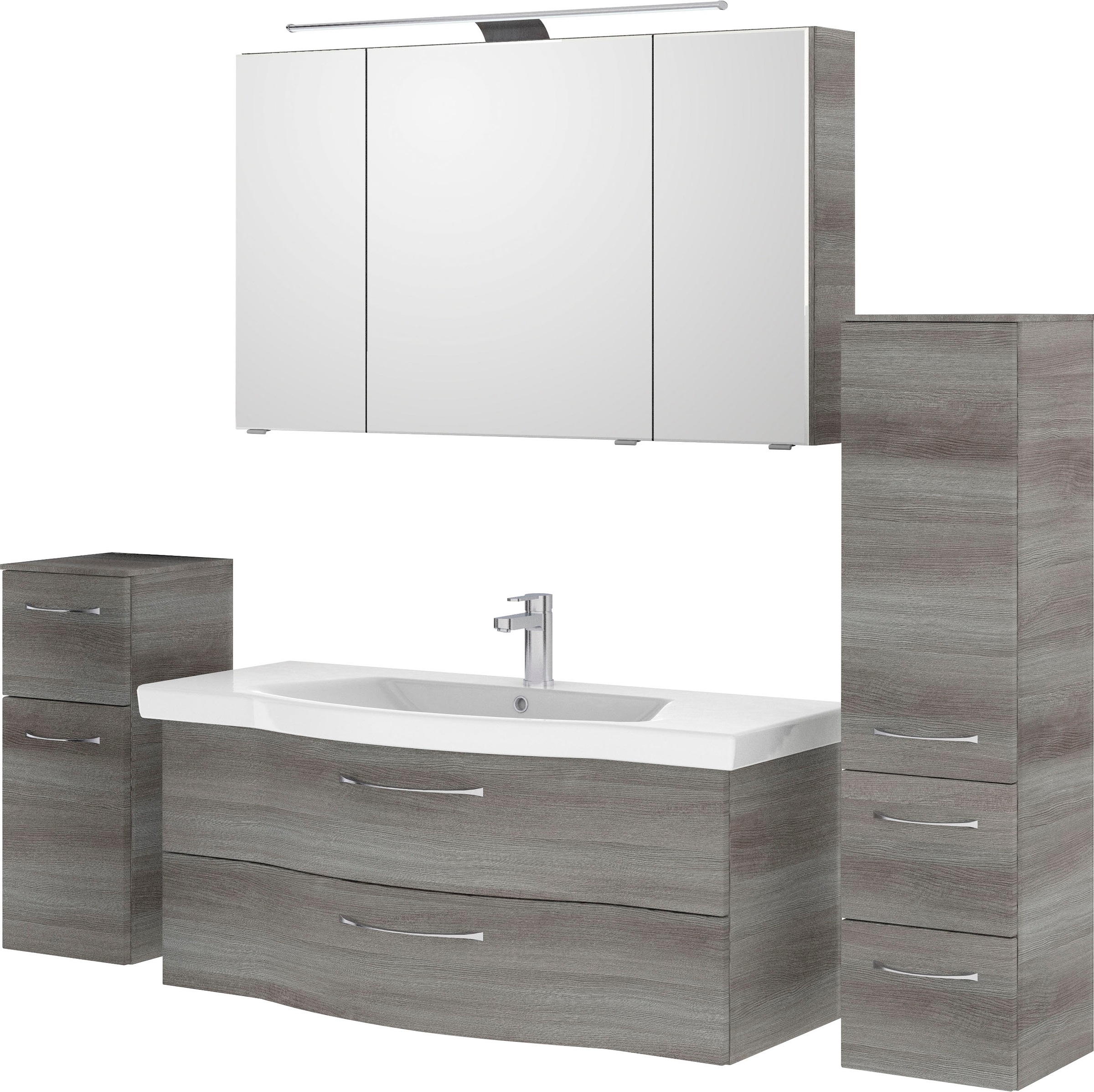 Saphir Badmöbel-Set »6005 Sprint 4-teilig, Keramik-Waschtisch mit LED-Spiegelschrank«, (5 St.), Unterschrank, Midischrank, inkl. Türdämpfer, 5 Türen, 5 Schubladen