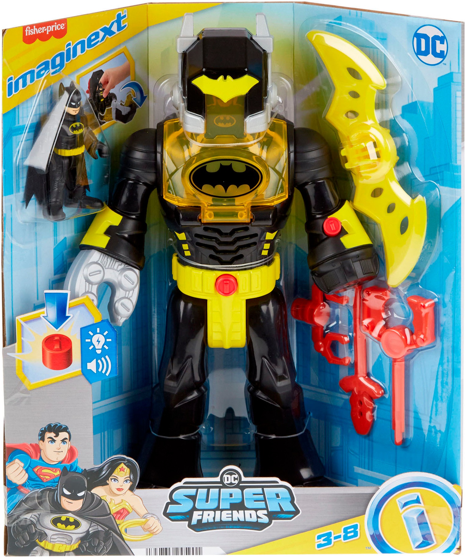 Mattel® Actionfigur »Imaginext DC Super Friends einsetzbarer Batman mit Exo-Anzug Roboter«, (6 tlg.), mit Licht und Sound sowie 4 Kampfzubehörteilen