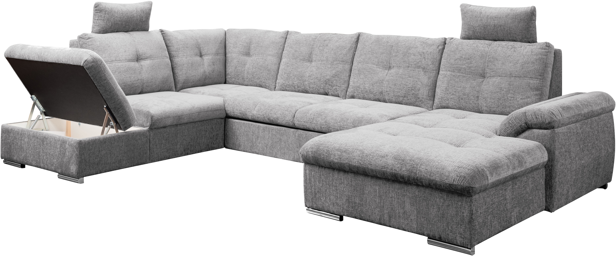 WERK2 Wohnlandschaft »Arena 339 cm breit mit Bett & Bettkasten, wahlw. mit 2 Kopfstützen« U-Form, XXL, Schlaffunktion, Bettkasten