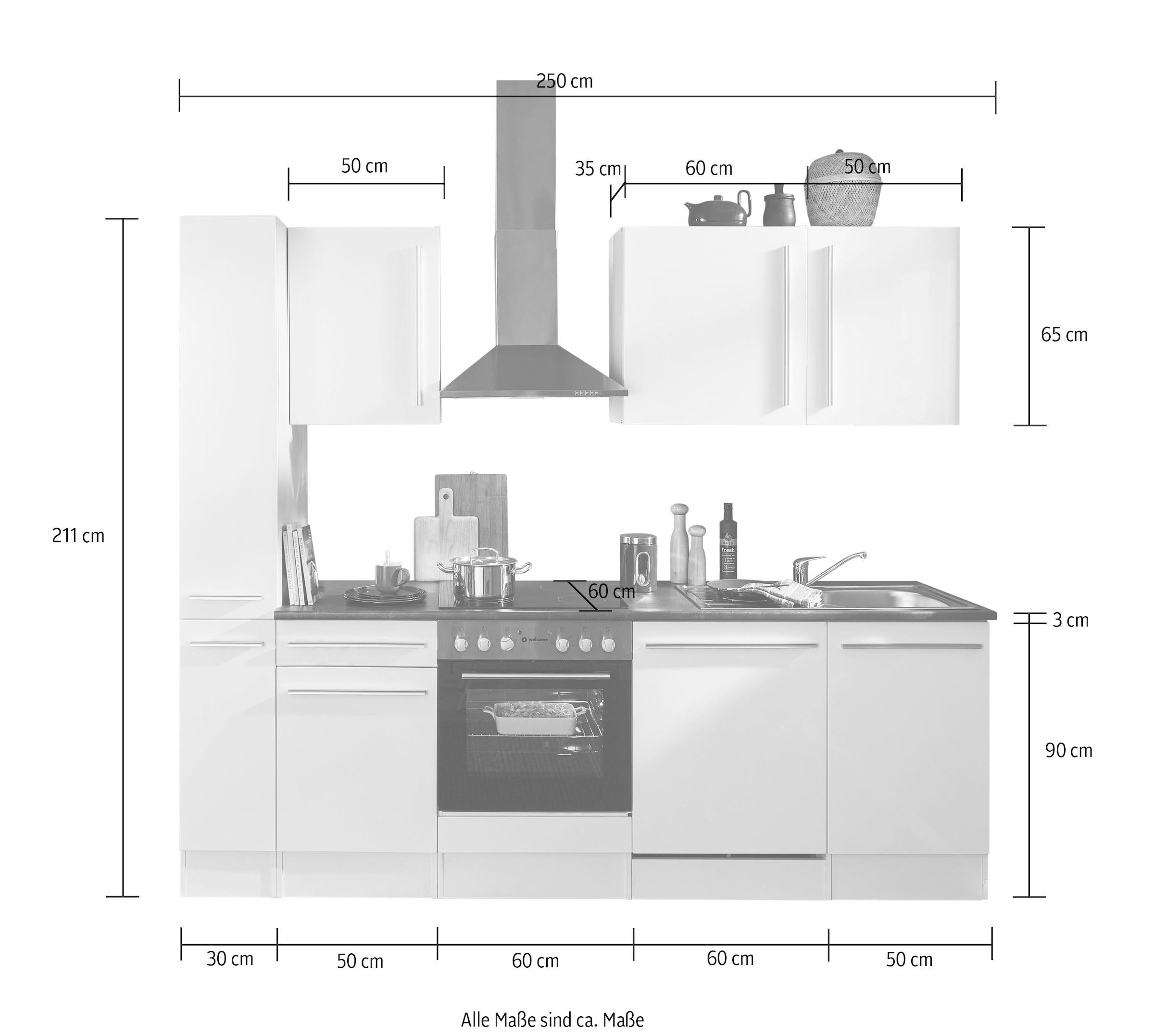 Küchenzeile bestellen Geräten cm, »Jazz«, mit Breite BASIC by wahlweise E- 250 OTTO bei Balculina