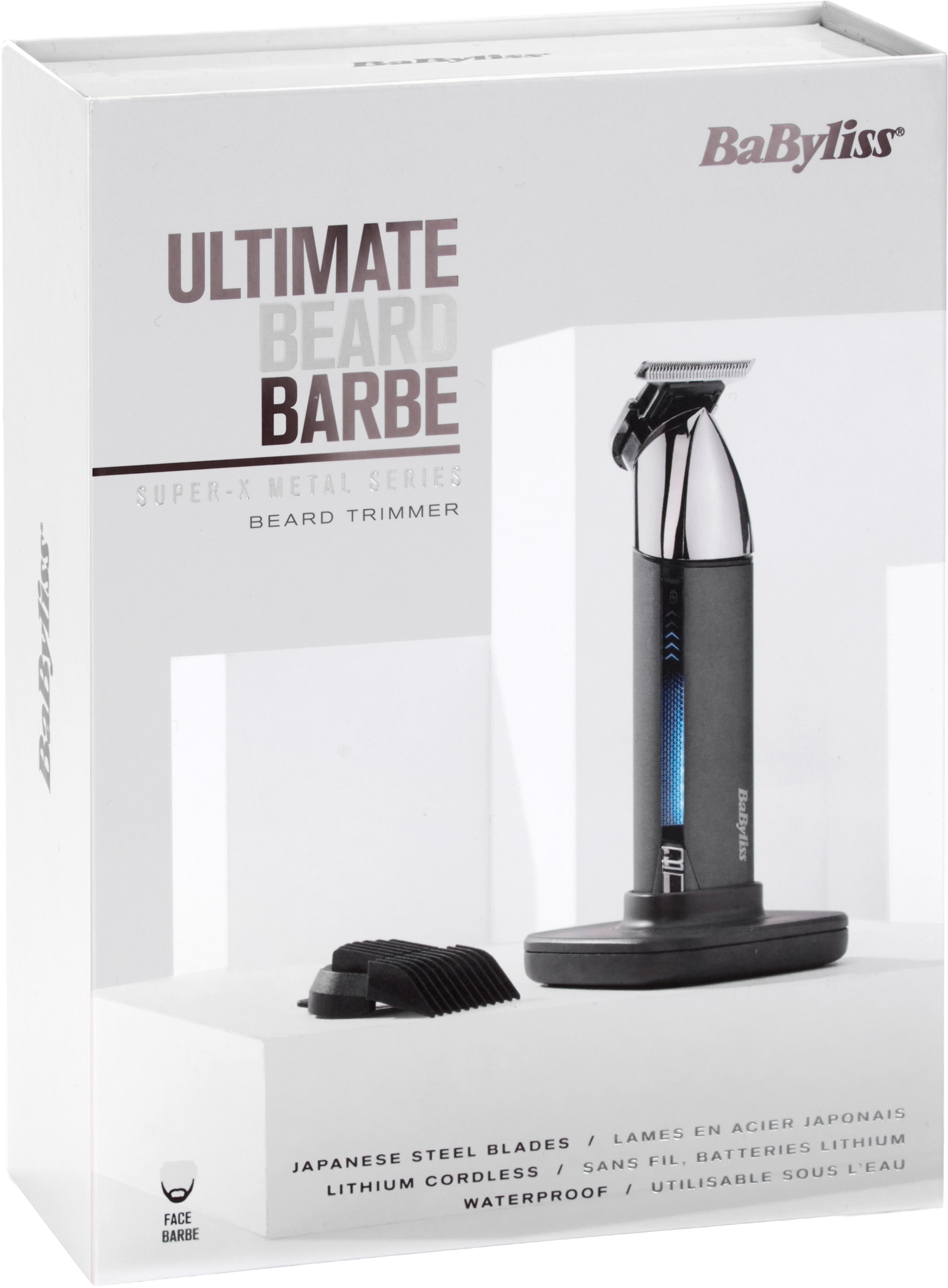 BaByliss Bartschneider »BaByliss Super-X Metal Barttrimmer, Bartschneider, wasserdicht, T996E« 2 Aufsätze Japanischer Stahl, 2 Kammaufsätze mit 6 Positionen 1–6mm, kabellos