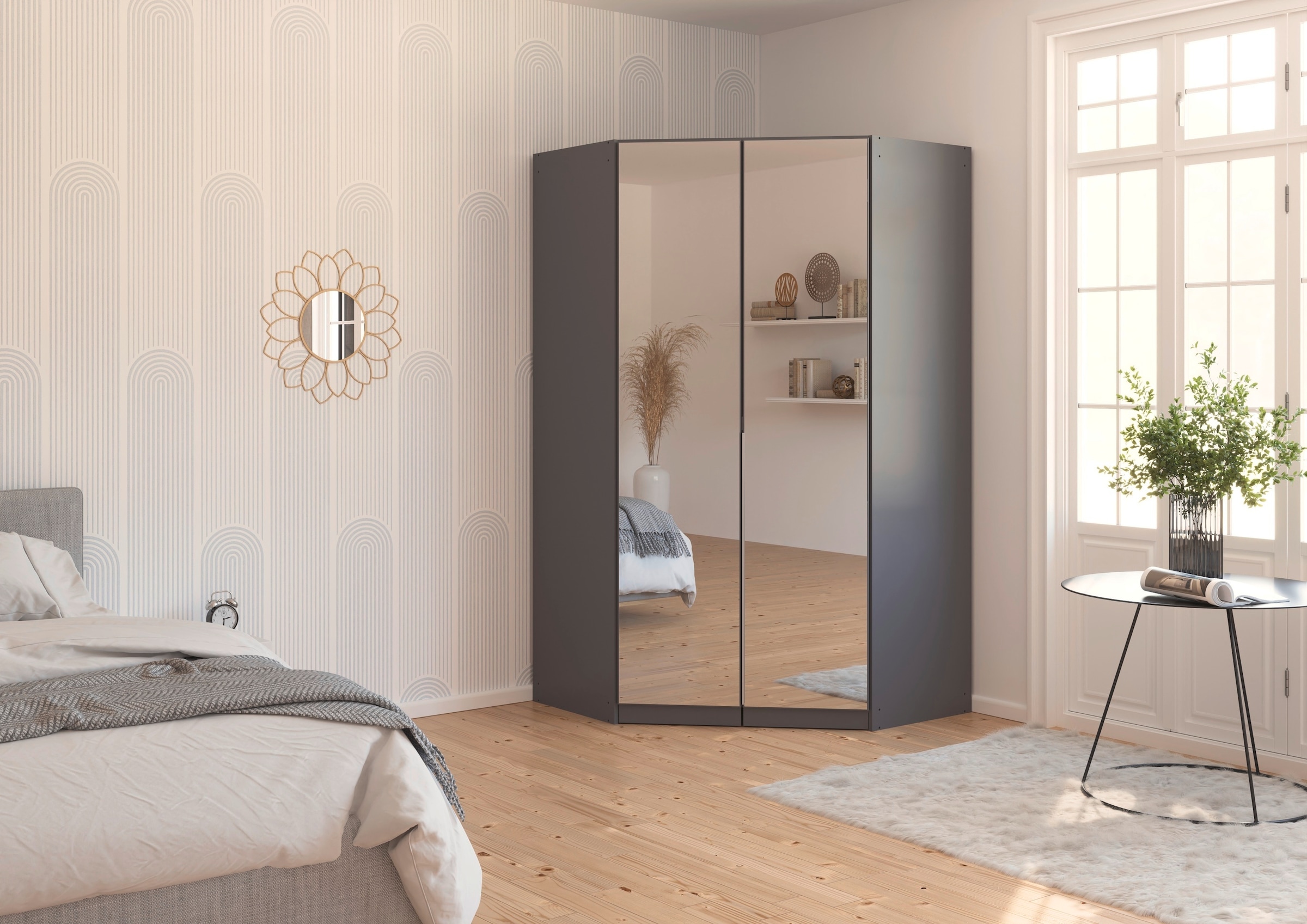 OTTO home Eckkleiderschrank »Kleiderschrank Schrank Ankleidezimmer Schlafzimmer Garderobe AGORDO« in zwei Griff-Farben, Breite/Tiefe 117x117 cm, Höhen 210/229 cm,  mit Spiegeltüren, voll ausgestattet mit viel Stauraum MADE IN GERMANY