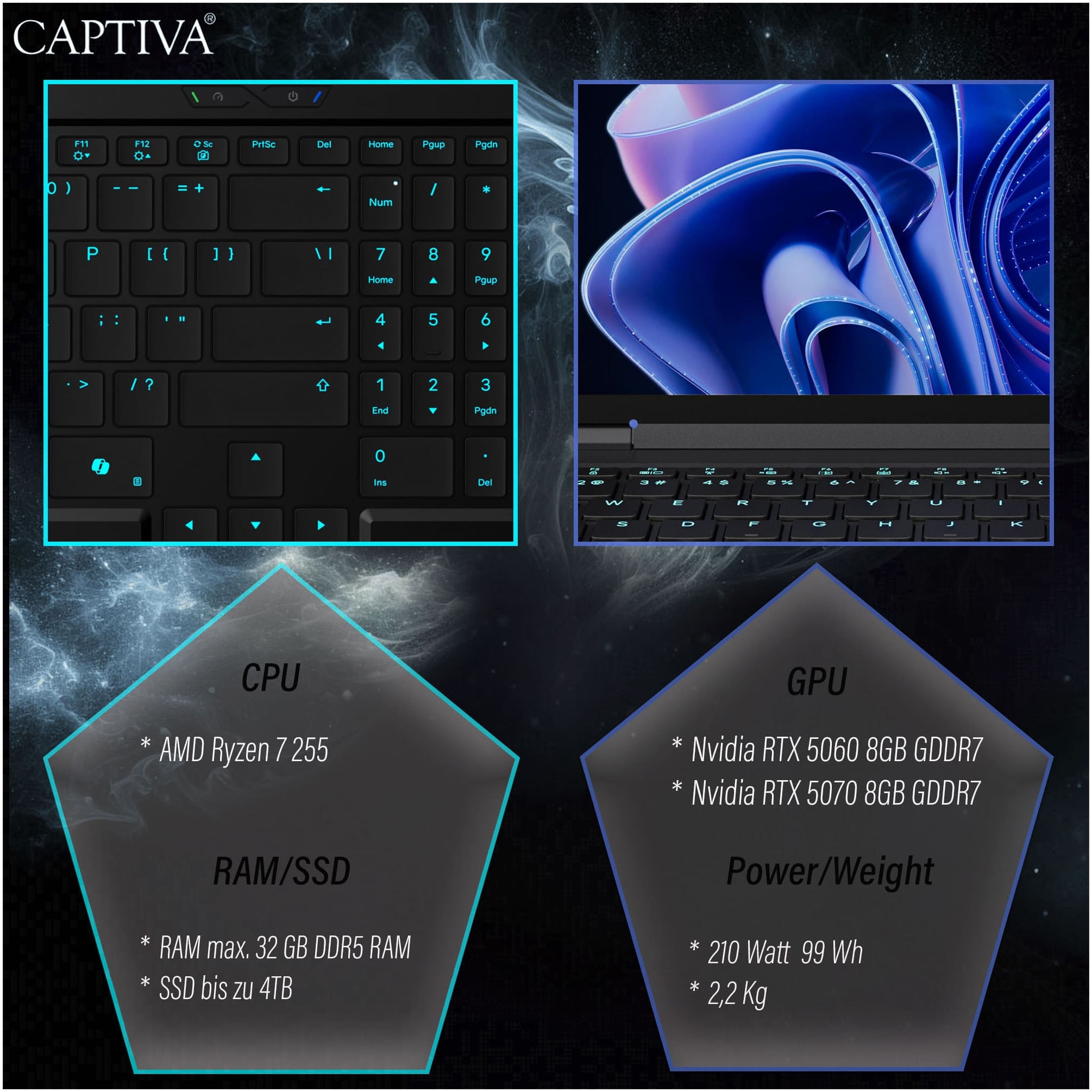CAPTIVA Gaming-Notebook »Entry Gaming R10-0994GE« 38,9 cm / 15,3 ″ AMD Ryzen 7 GeForce RTX 5060 500 GB SSD