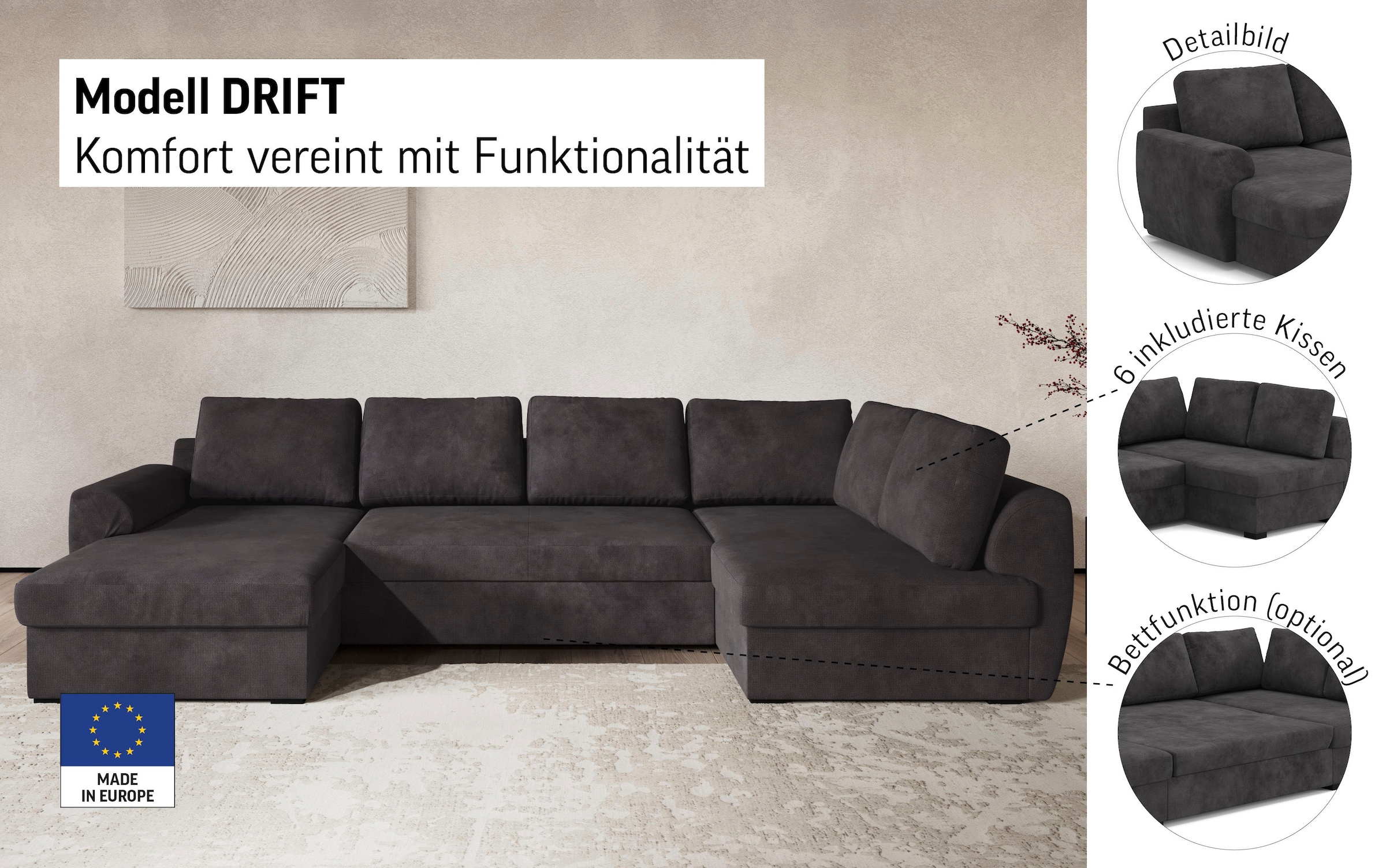 COTTA Wohnlandschaft »Drift U-Form Ottomane, Breite 327 cm« optional auch mit Schlaffunktion, Wellenunterfederung