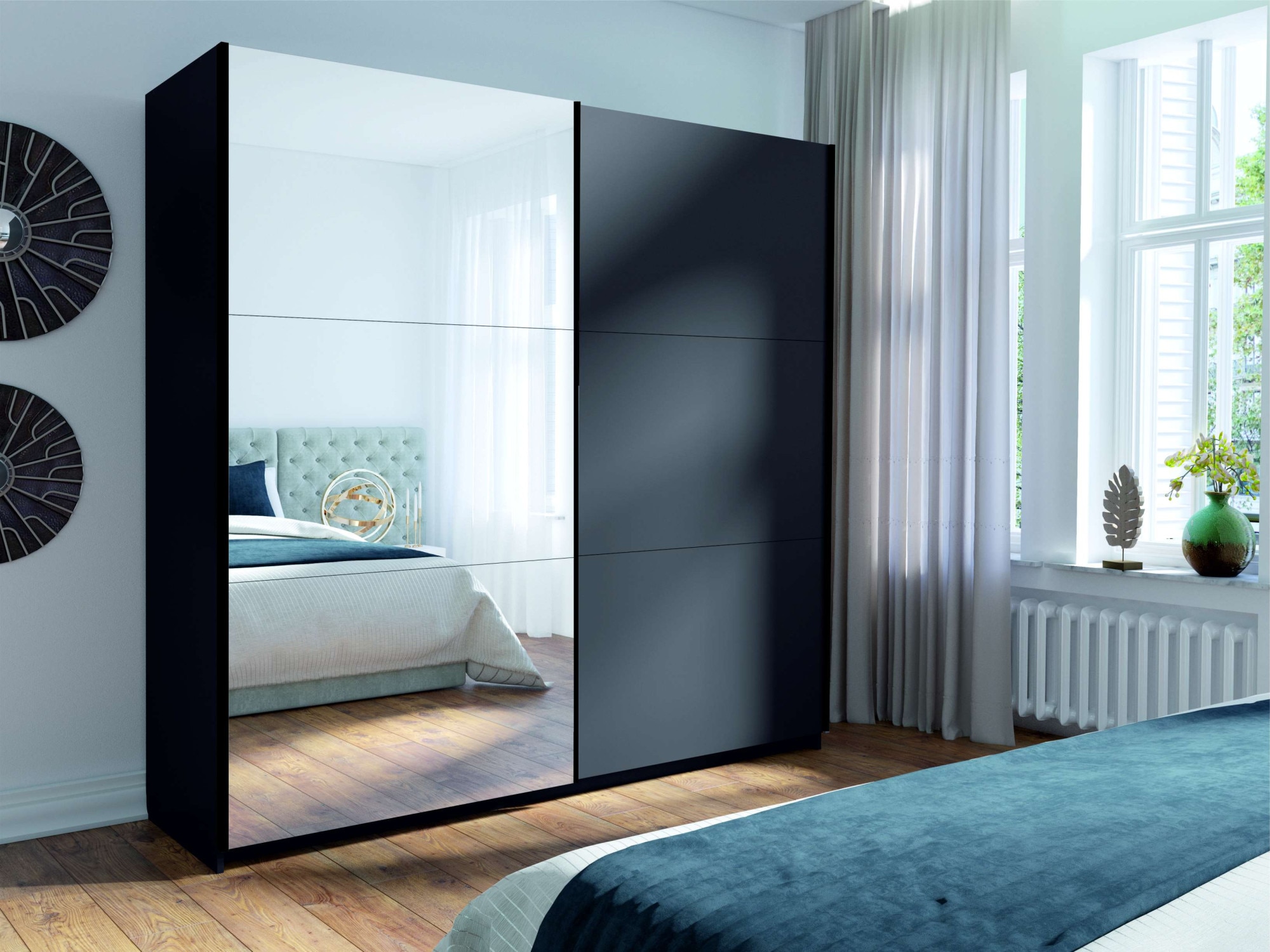 INOSIGN Kleiderschrank »Kleiderschrank Fresno mit 5 Einlegeböden, Spiegel und Kleiderstange«, Garderobe mit 2 Schwebetüren, B/H/T 150/207/62 cm